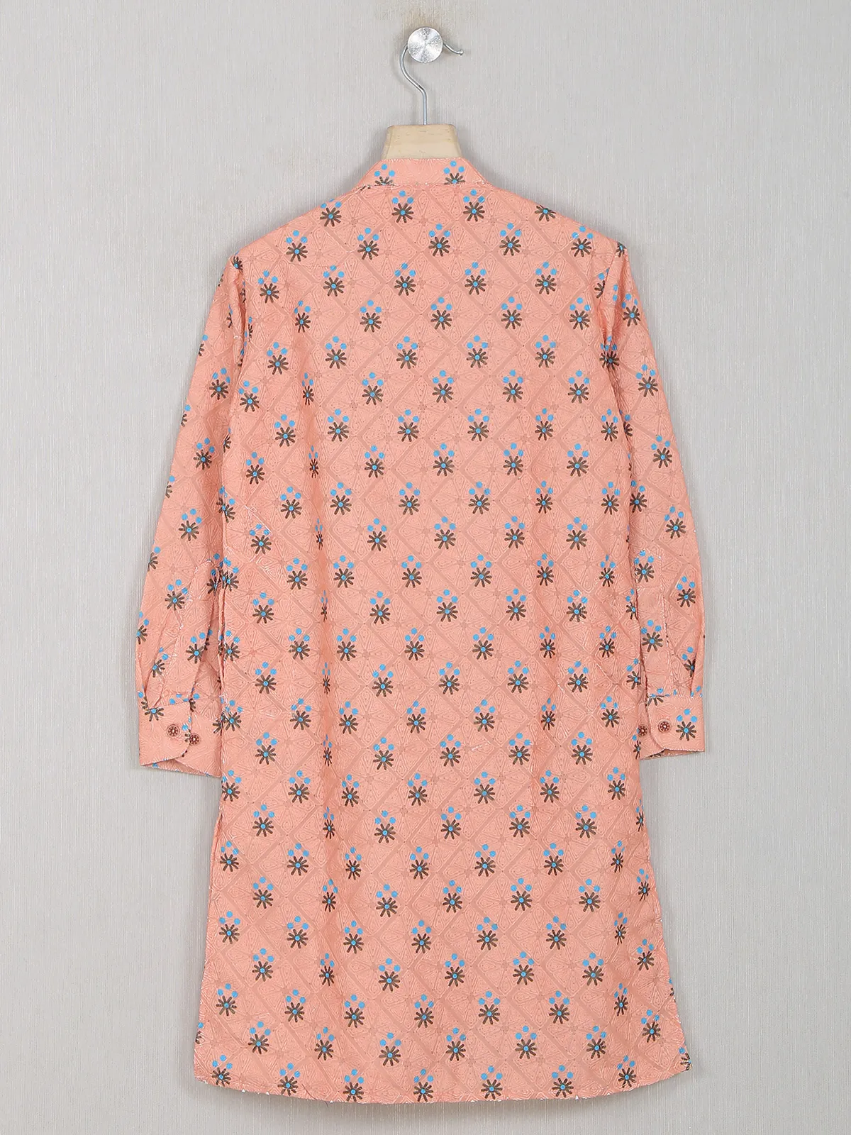 Printed orange kurta suit for little boys in cotton