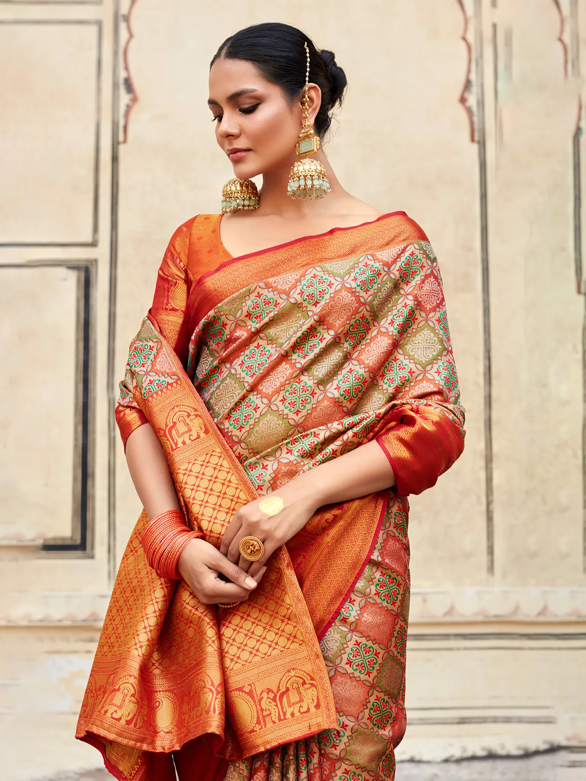 Printed orange silk saree