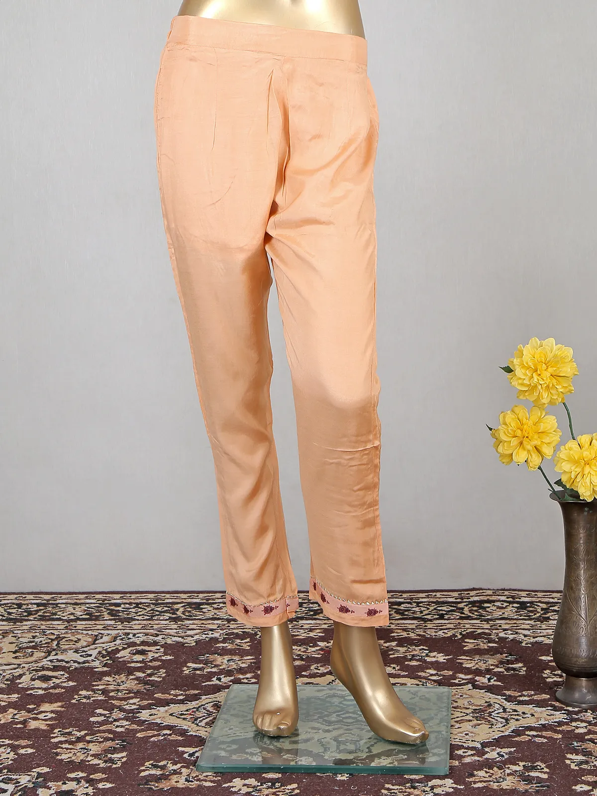 Printed peach cotton pant suit for festive wear