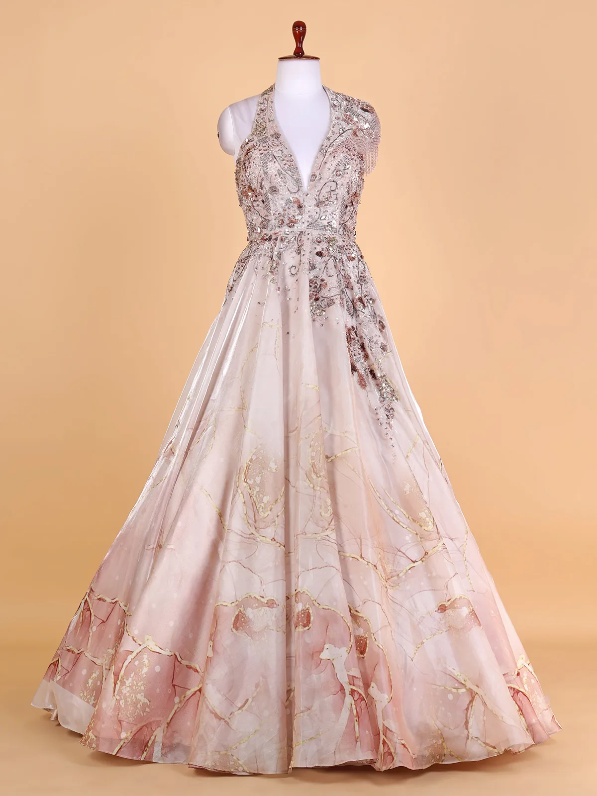 Printed peach organza designer gown