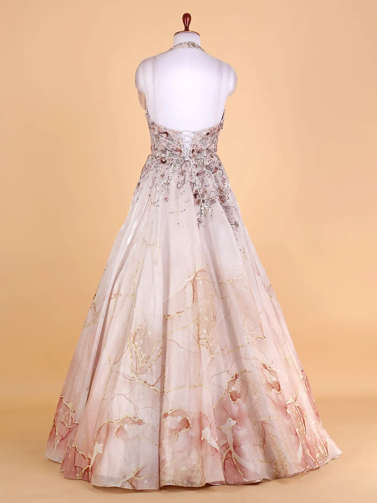 Printed peach organza designer gown