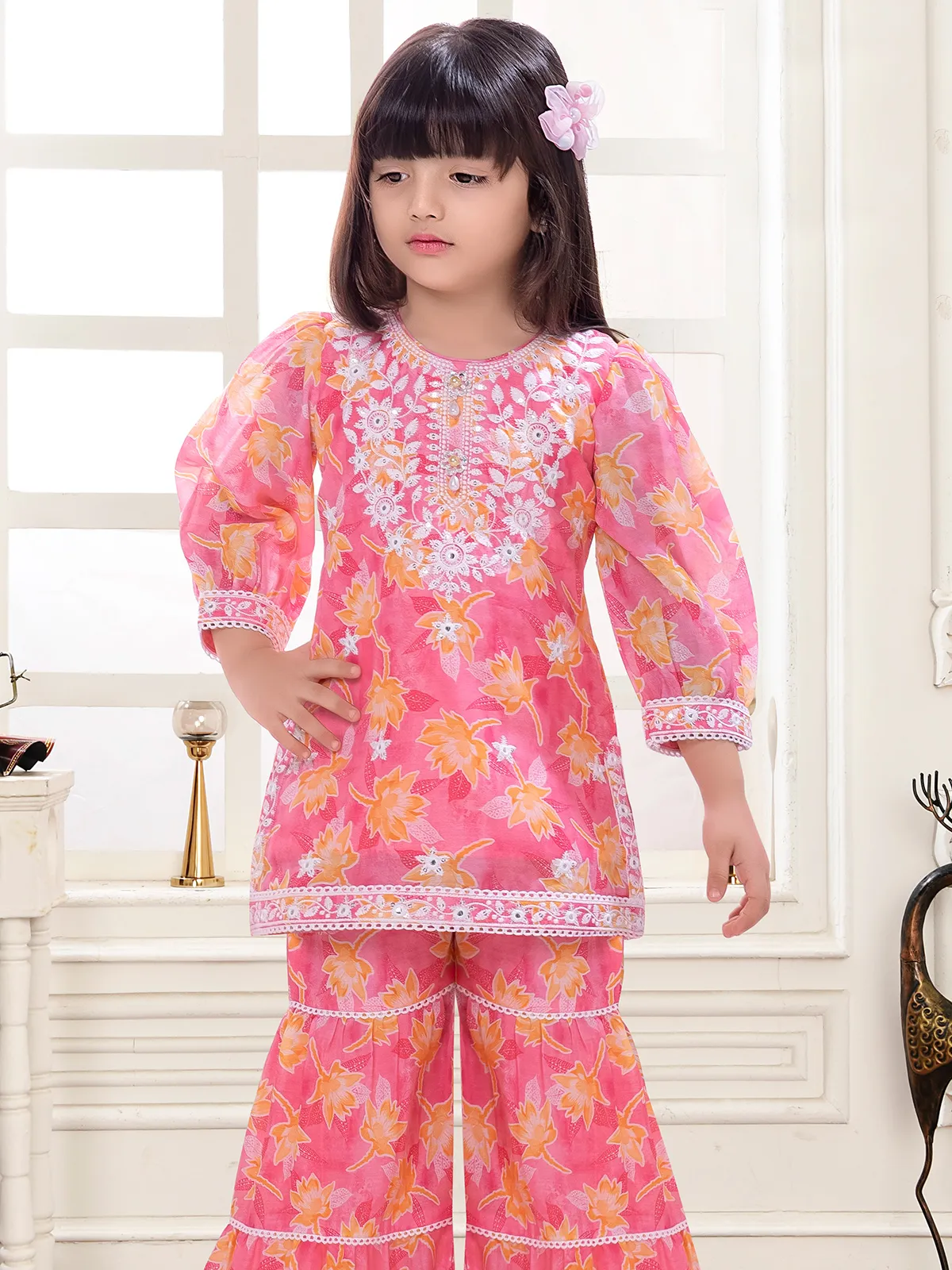 Printed pink cotton sharara salwar suit