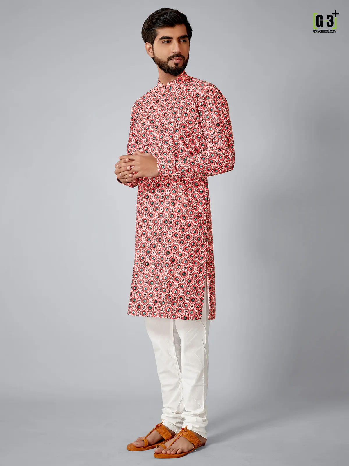 Printed pink cotton silk kurta suit for festive