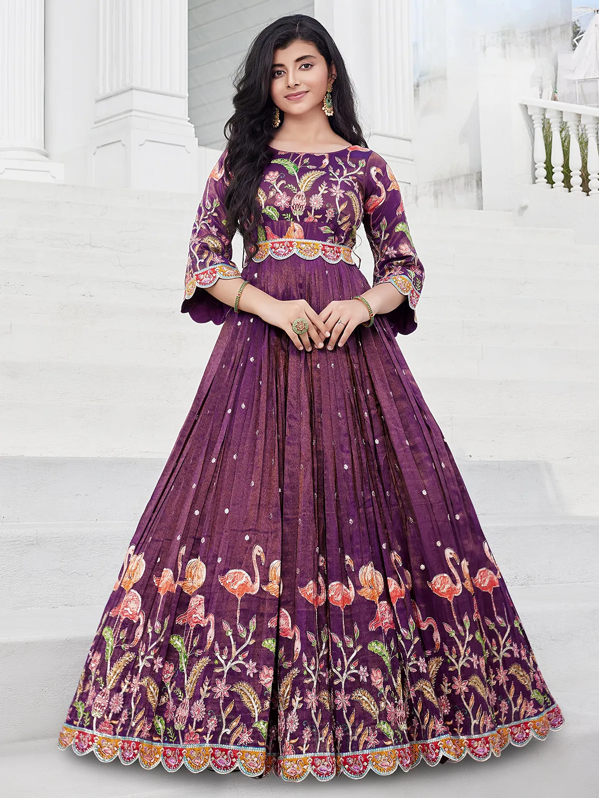 Printed purple silk gown for girls