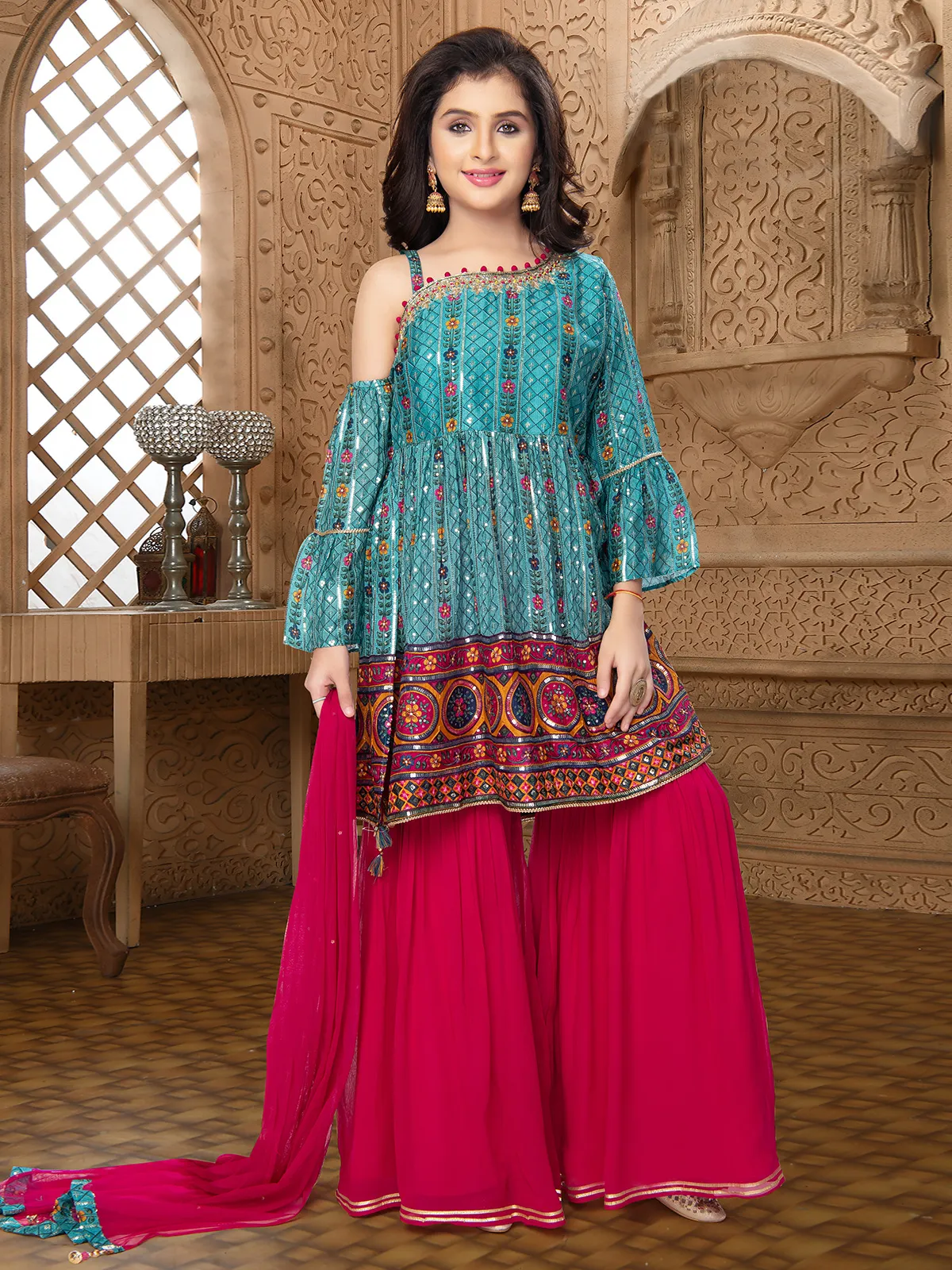 Printed Rama blue sharara suit in georgette