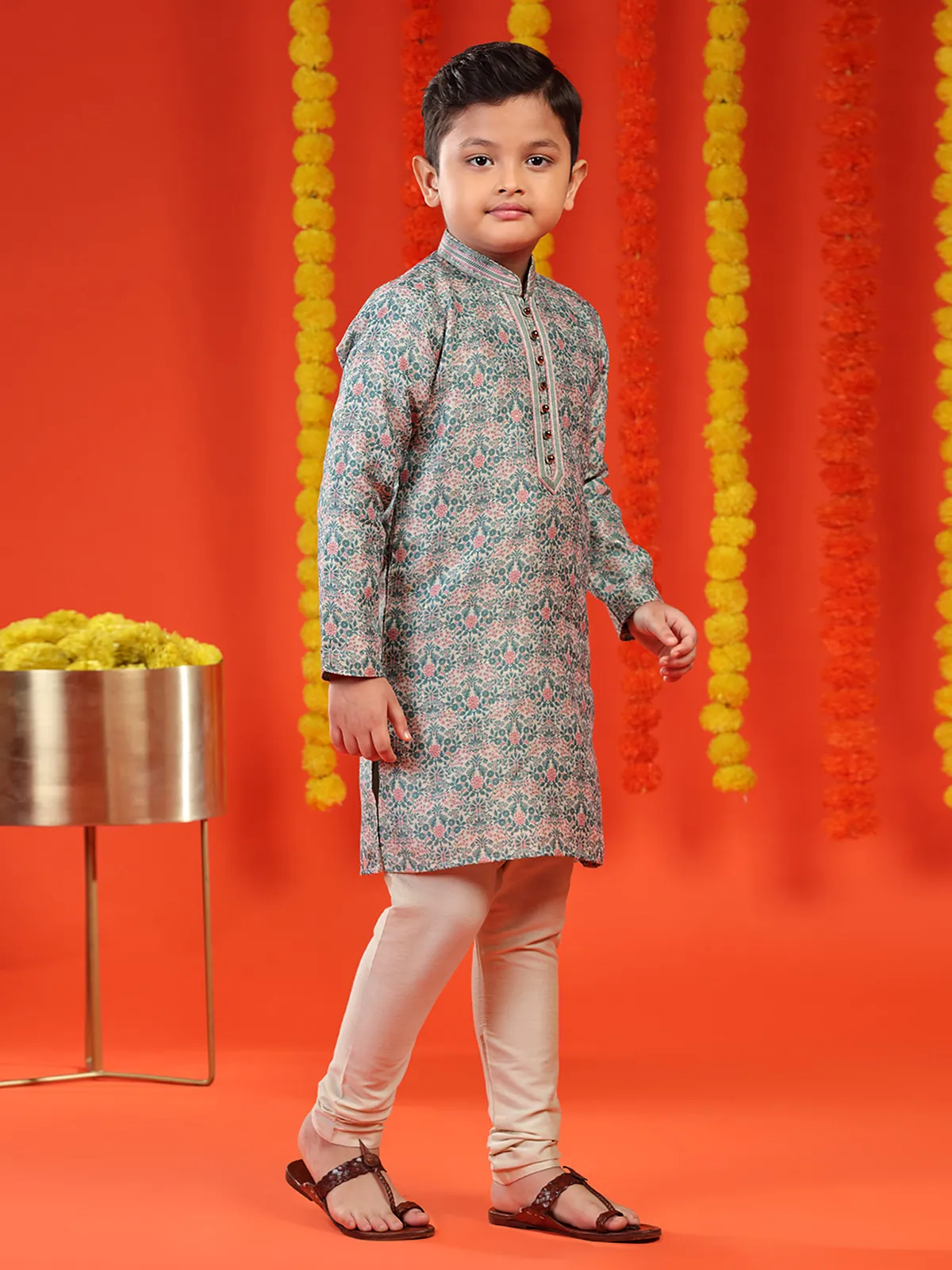 Printed rama green brocade kurta suit