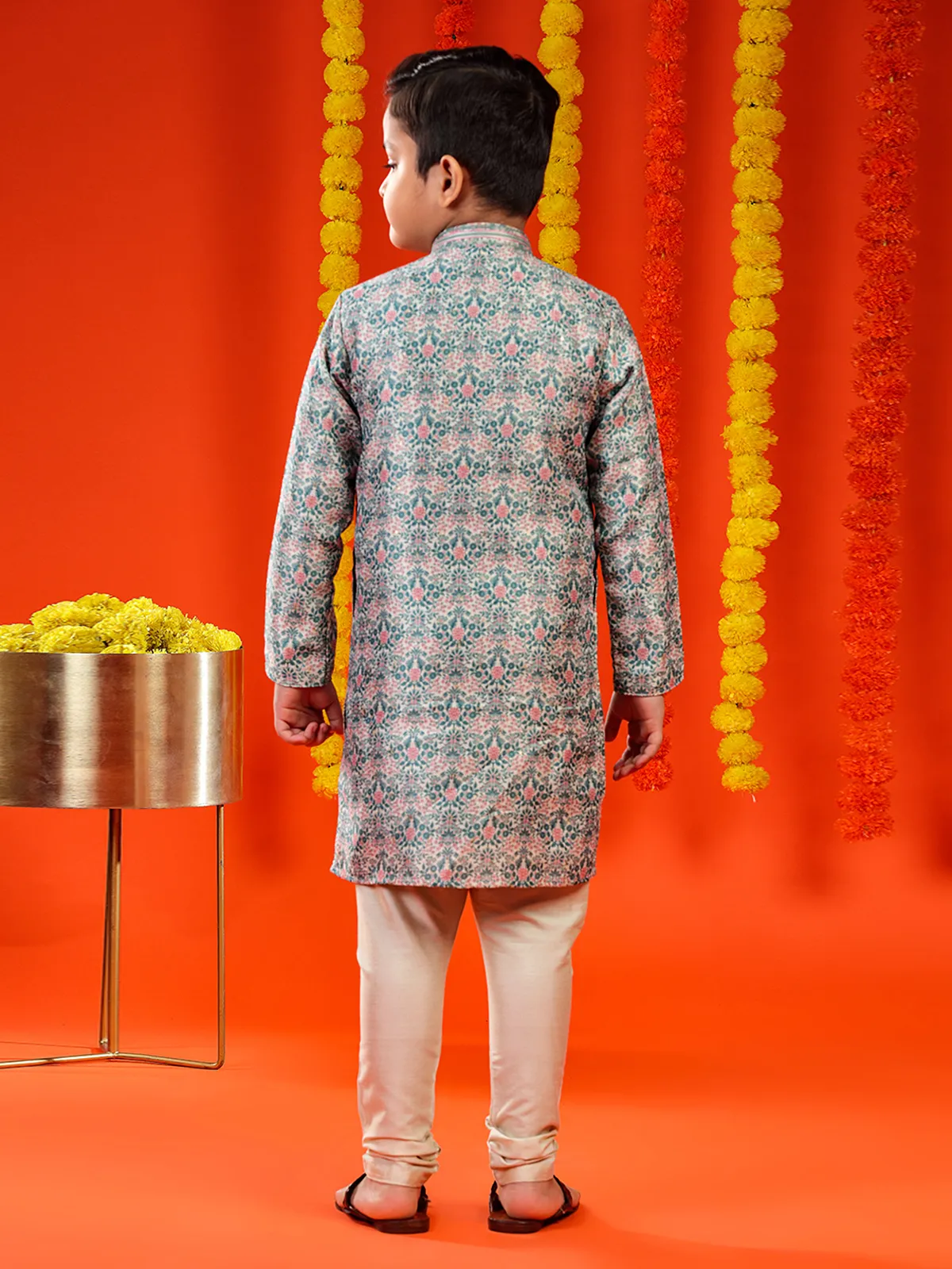 Printed rama green brocade kurta suit