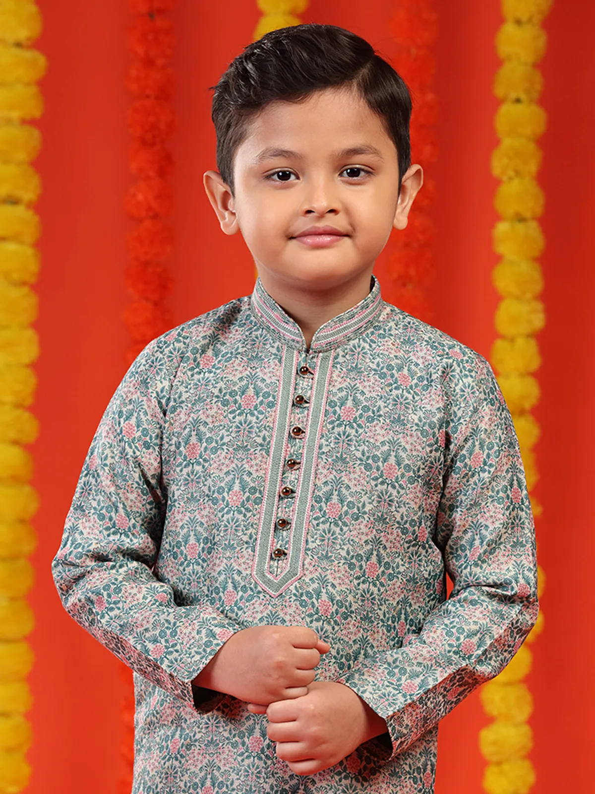 Printed rama green brocade kurta suit