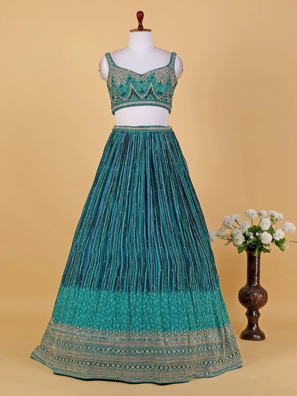 Printed rama green georgette lehenga choli