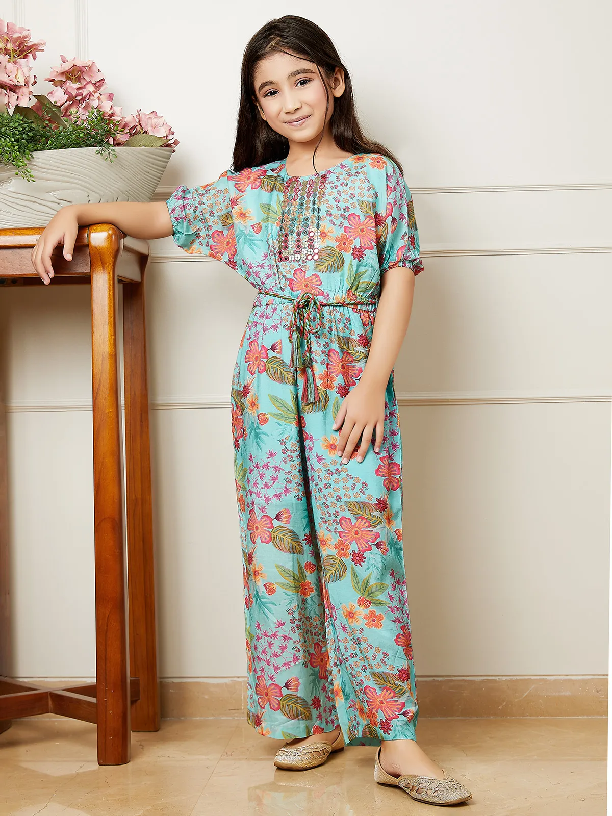 Printed sea blue silk jumpsuit