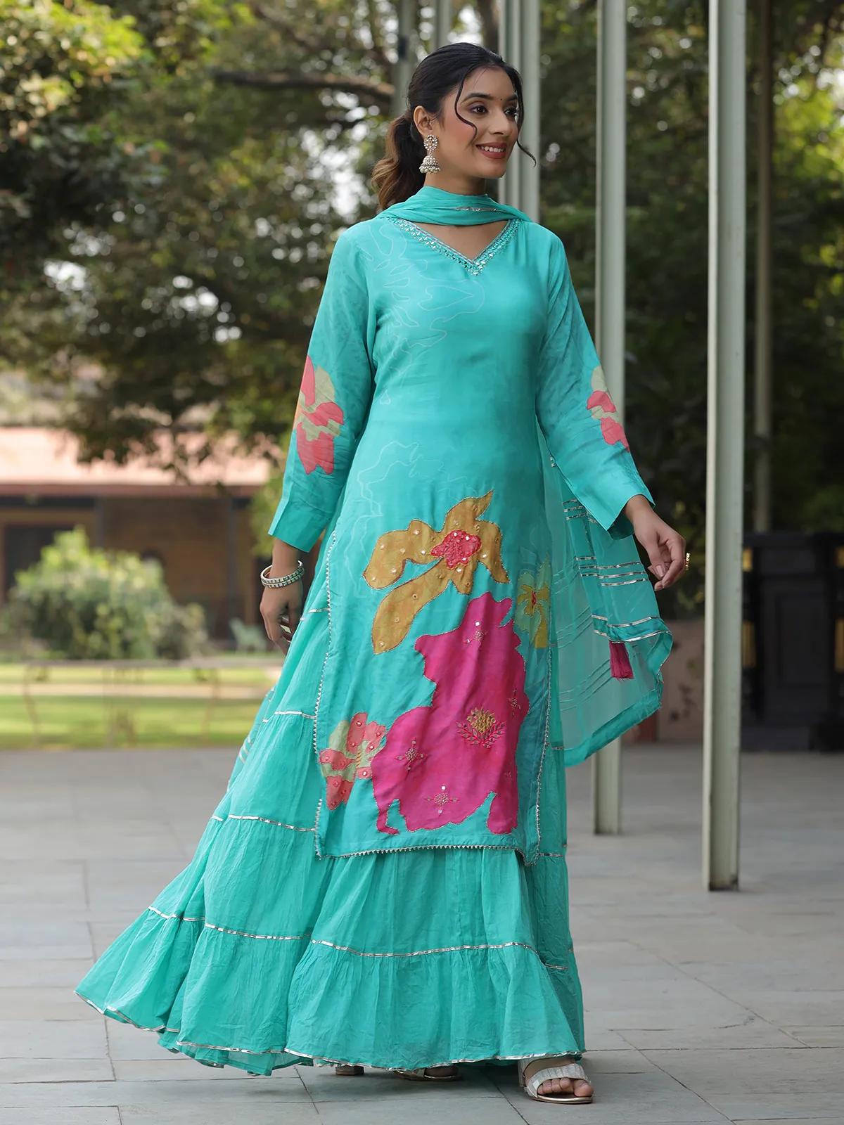 Printed silk aqua long kurti with dupatta