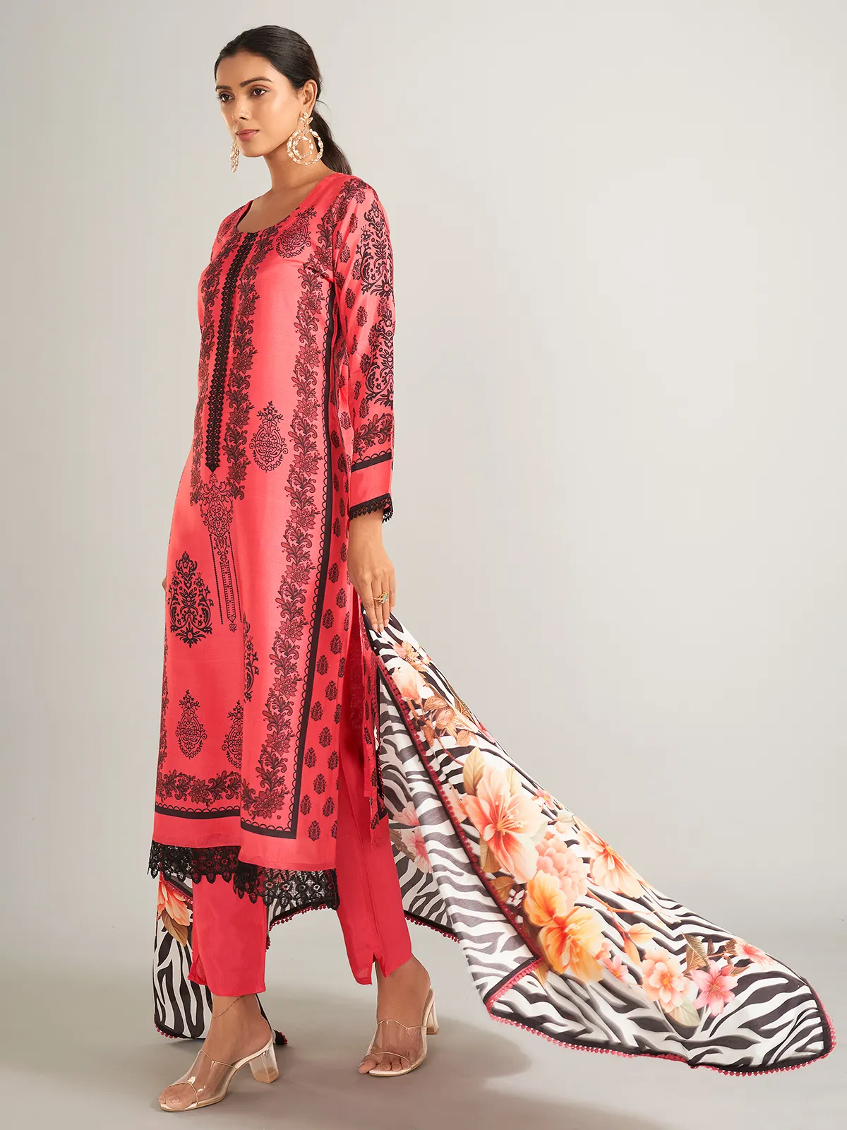 Printed silk dark peach salwar suit