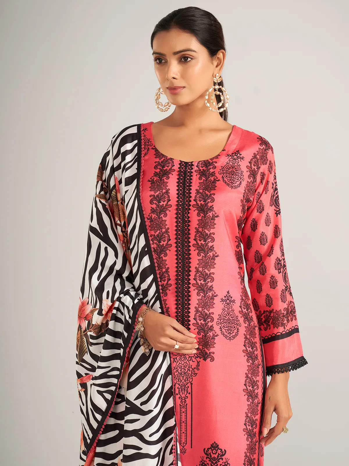 Printed silk dark peach salwar suit