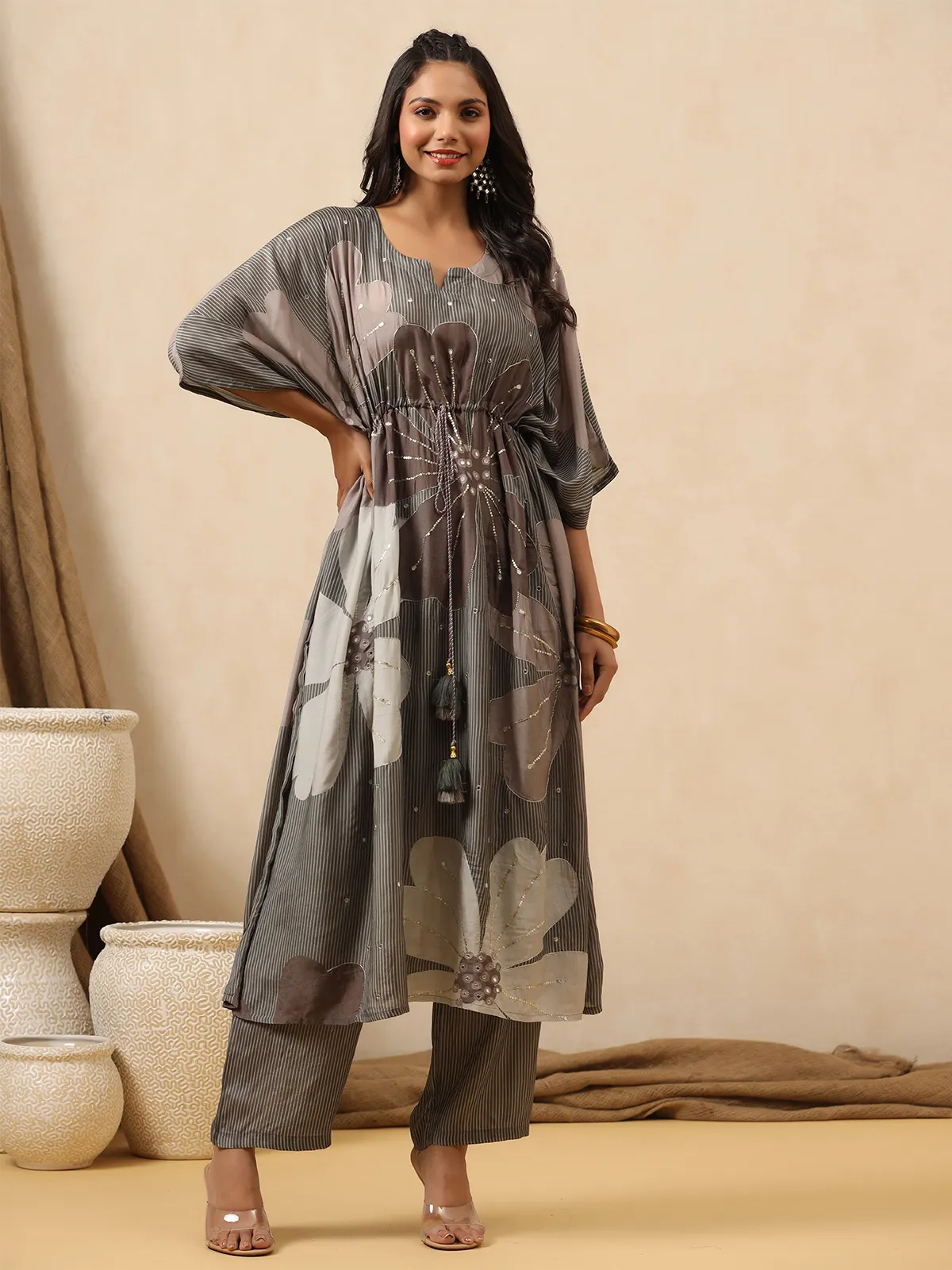 Printed silk grey kurti set