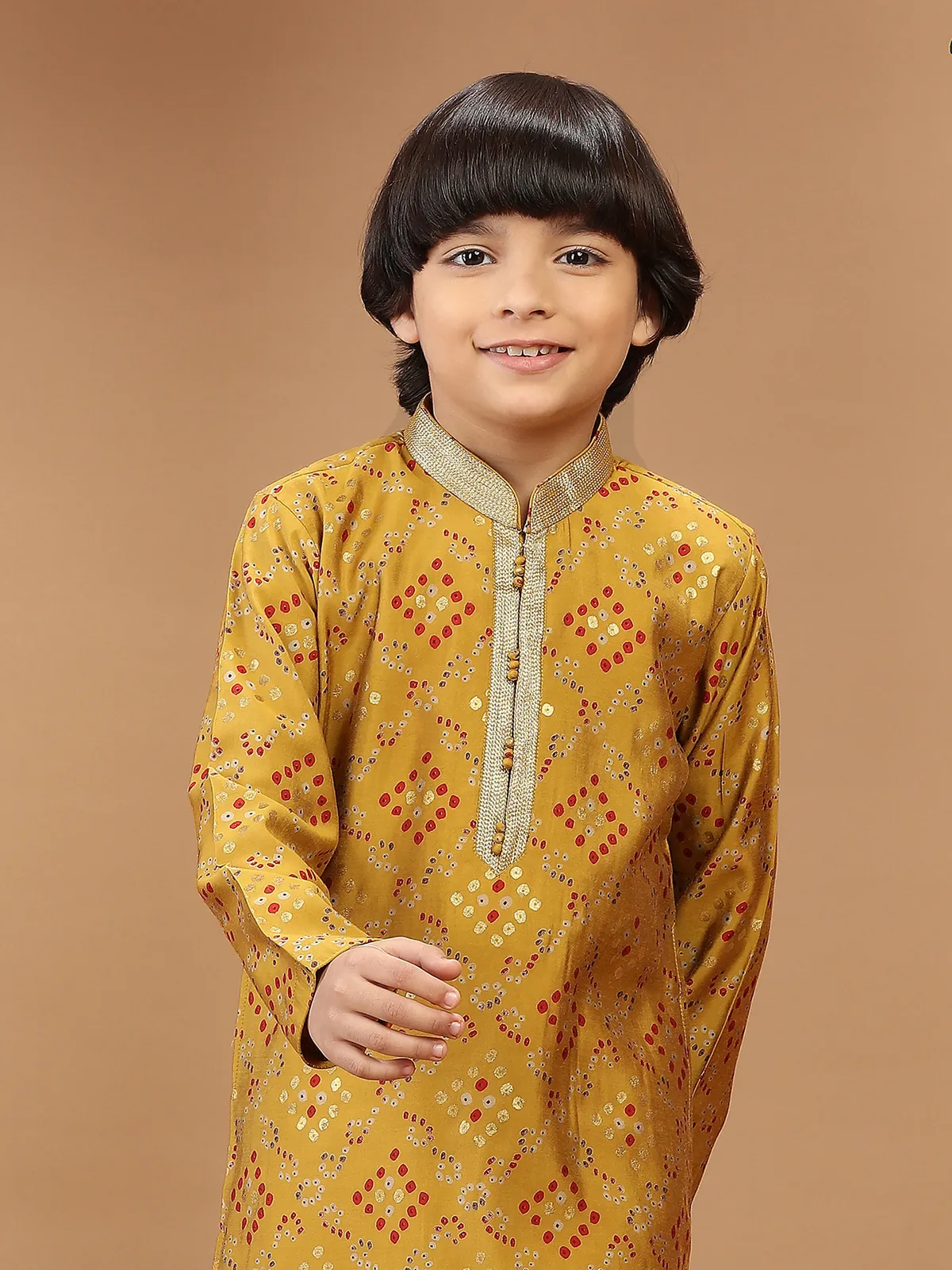 Printed silk kurta suit in mustard yellow