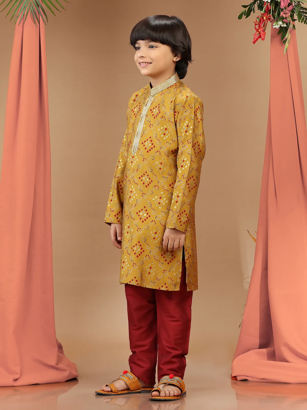 Printed silk kurta suit in mustard yellow