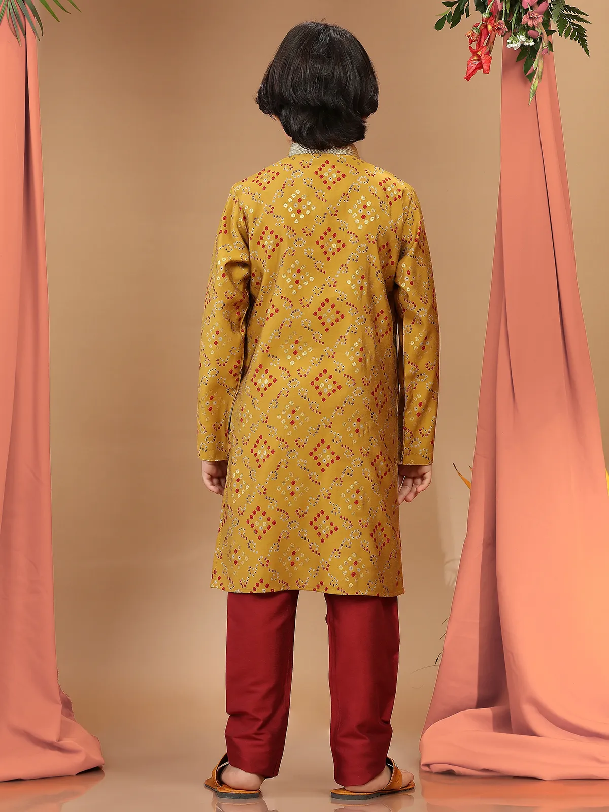Printed silk kurta suit in mustard yellow