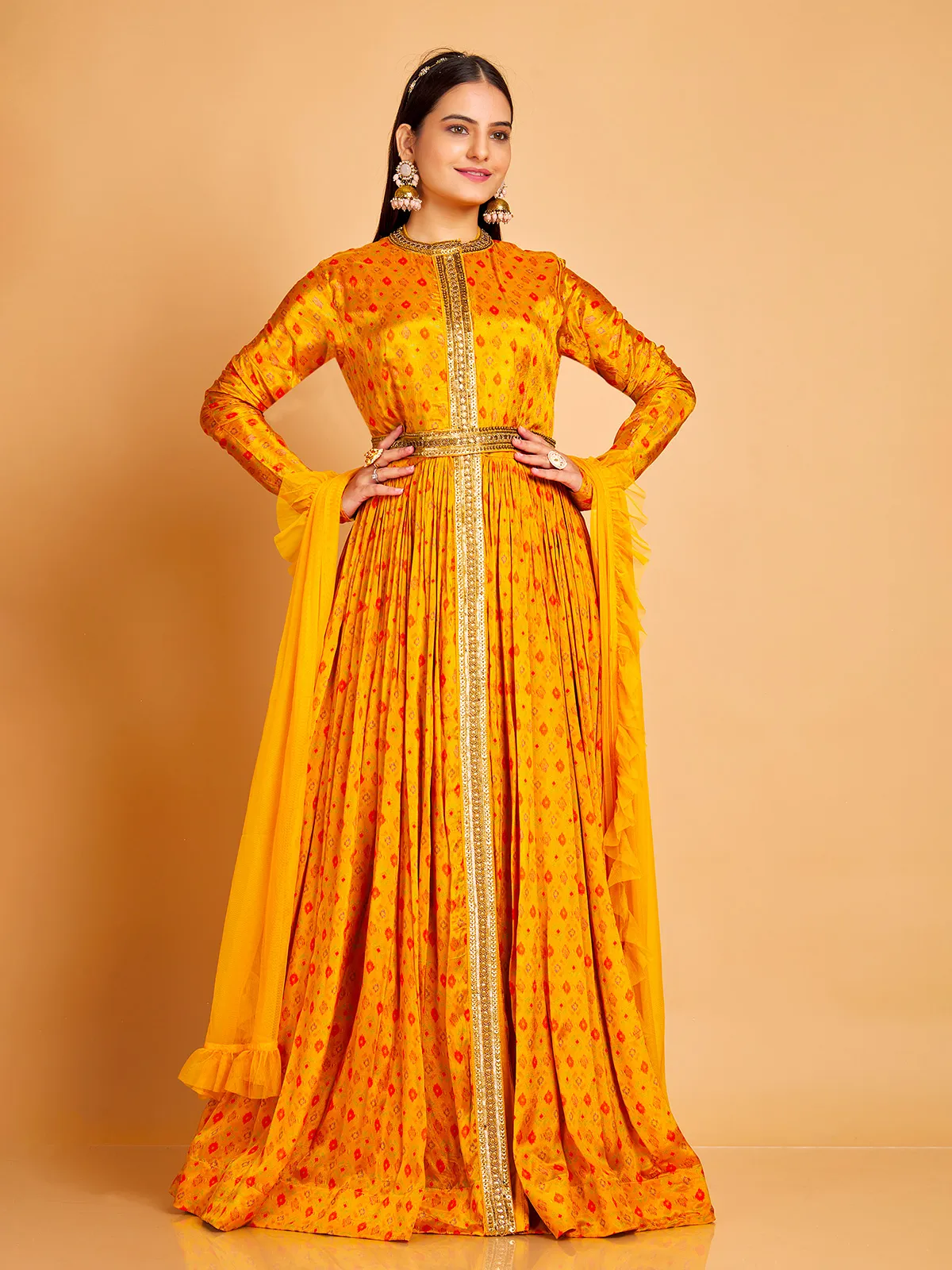 Printed silk mustard yellow floor length suit