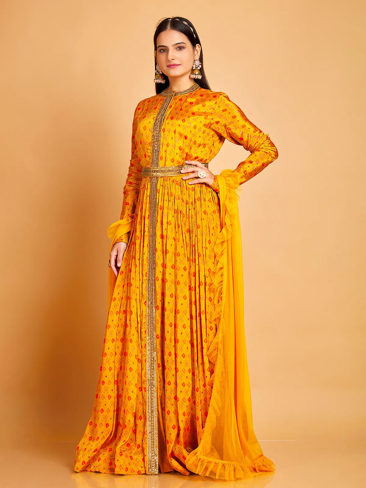 Printed silk mustard yellow floor length suit