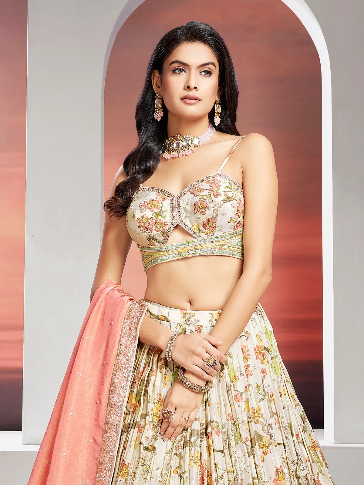 Printed silk off white lehenga choli