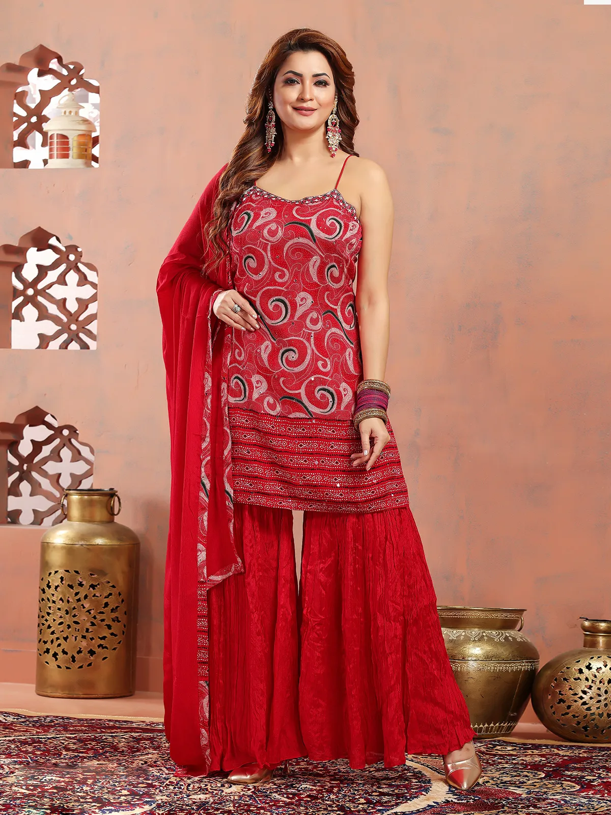 Printed silk sharara suit in red