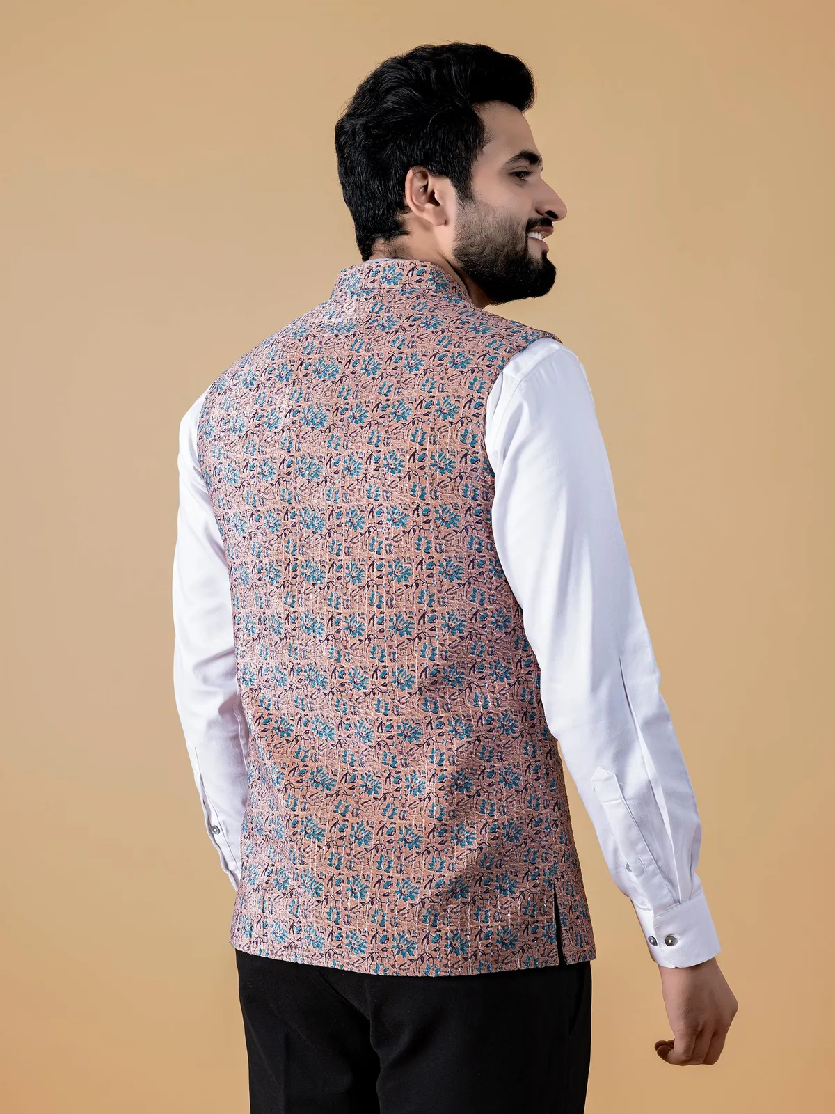 Printed silk waistcoat in dusty peach