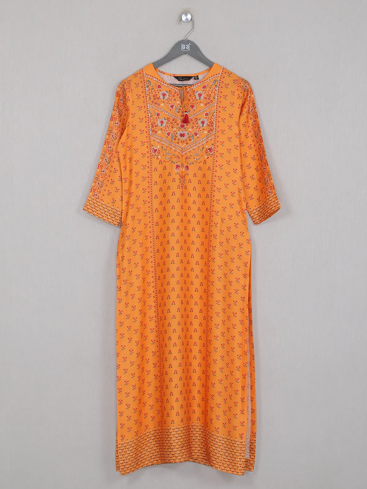 Printed style carrot orange shade cotton silk kurti