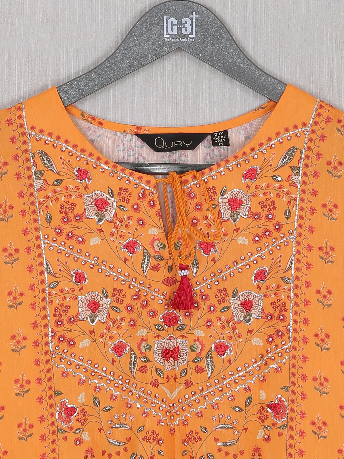 Printed style carrot orange shade cotton silk kurti