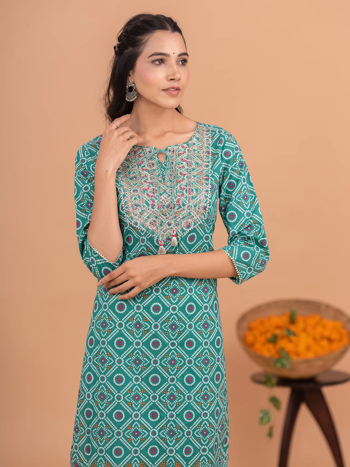 Printed teal green cotton kurti