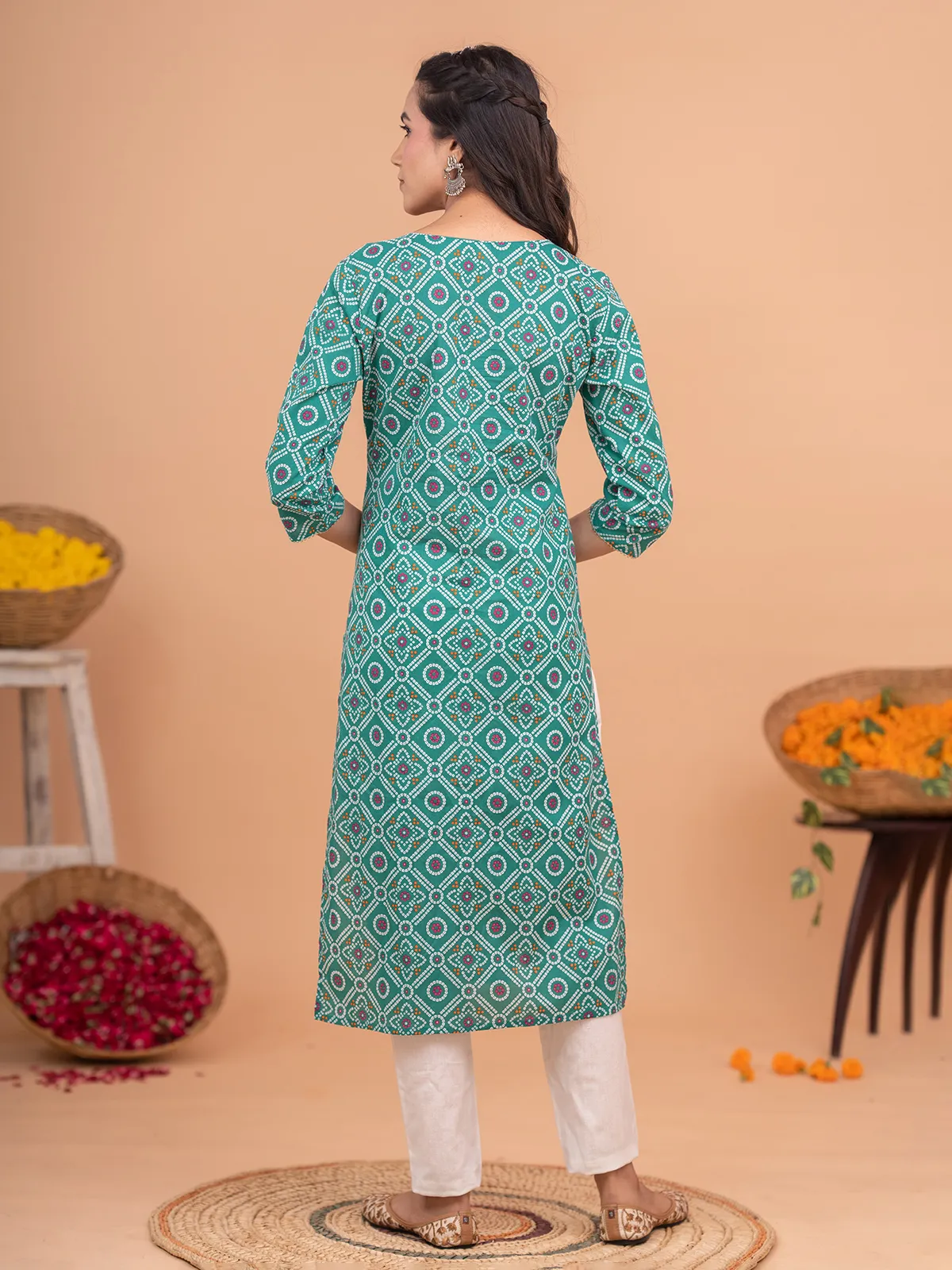 Printed teal green cotton kurti