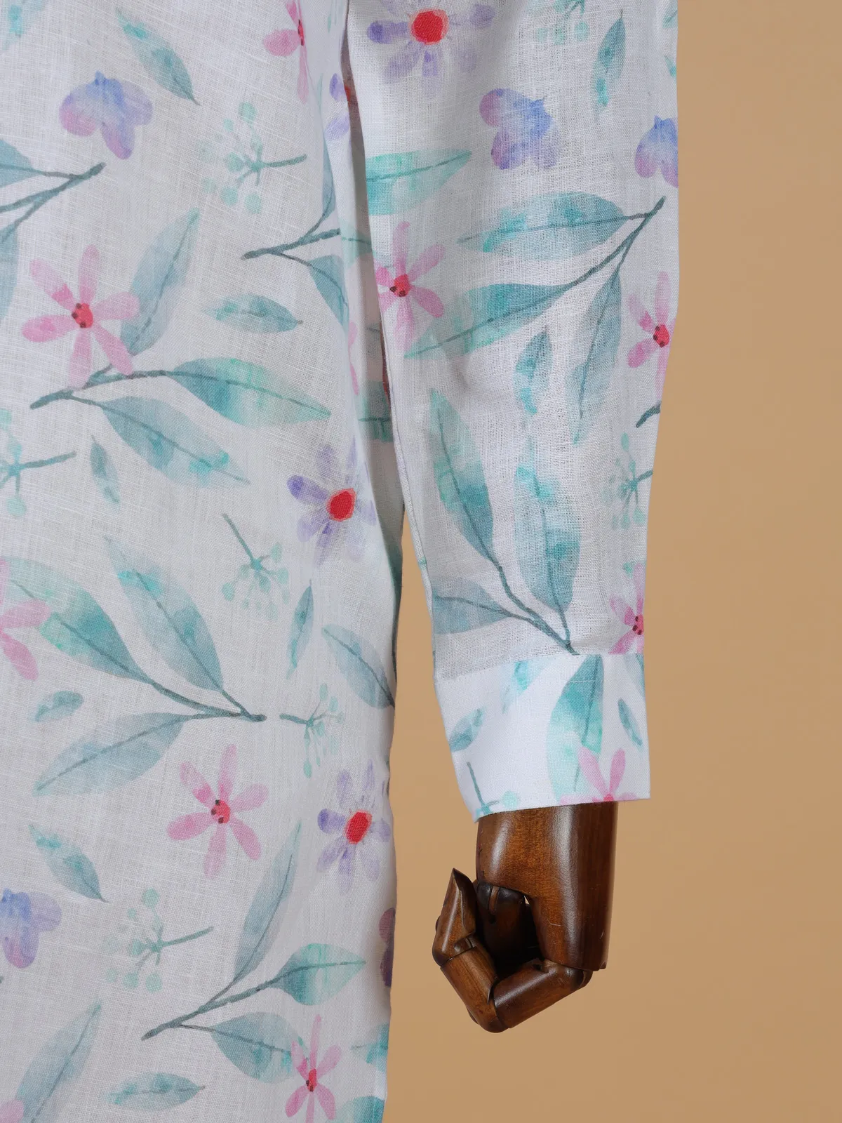 Printed white cotton kurta set with multicolor prints