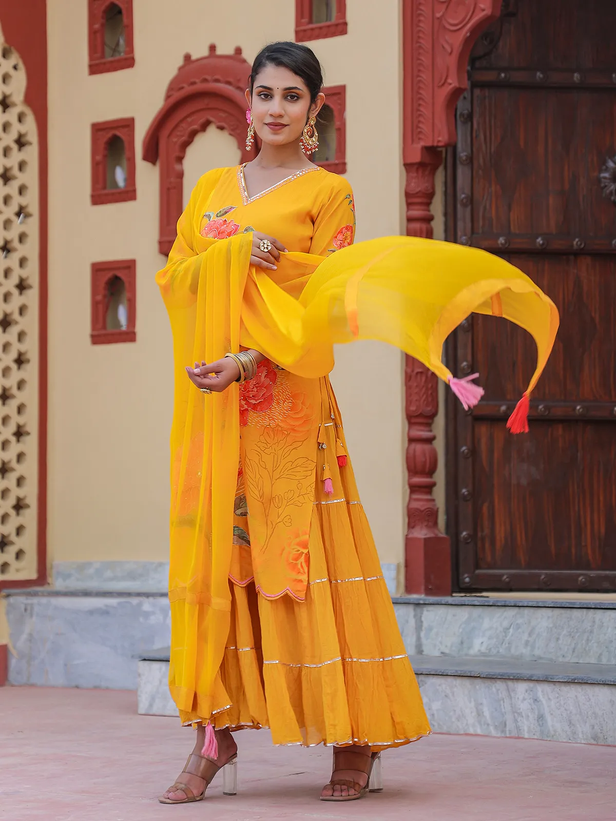 Printed yellow silk long kurti