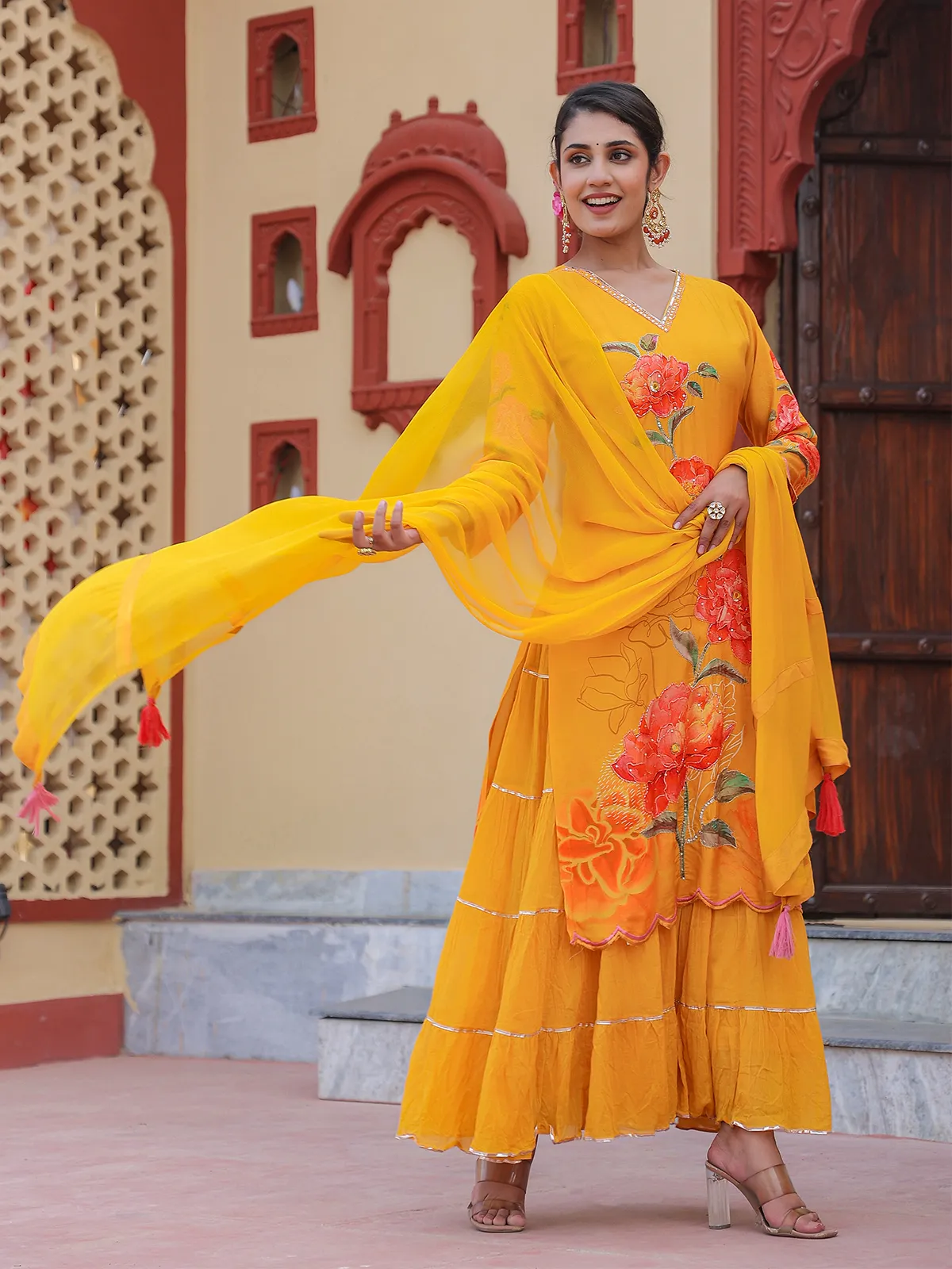 Printed yellow silk long kurti