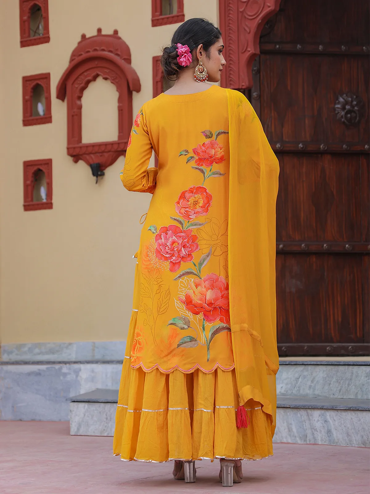 Printed yellow silk long kurti