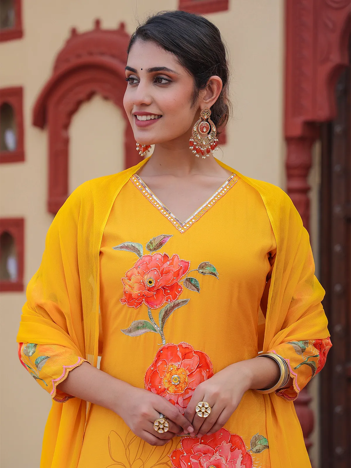 Printed yellow silk long kurti