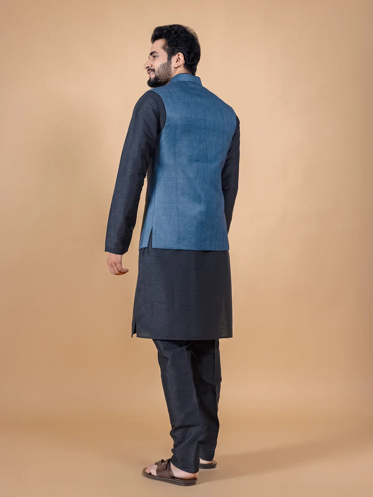 Prussian blue jute silk waistcoat set