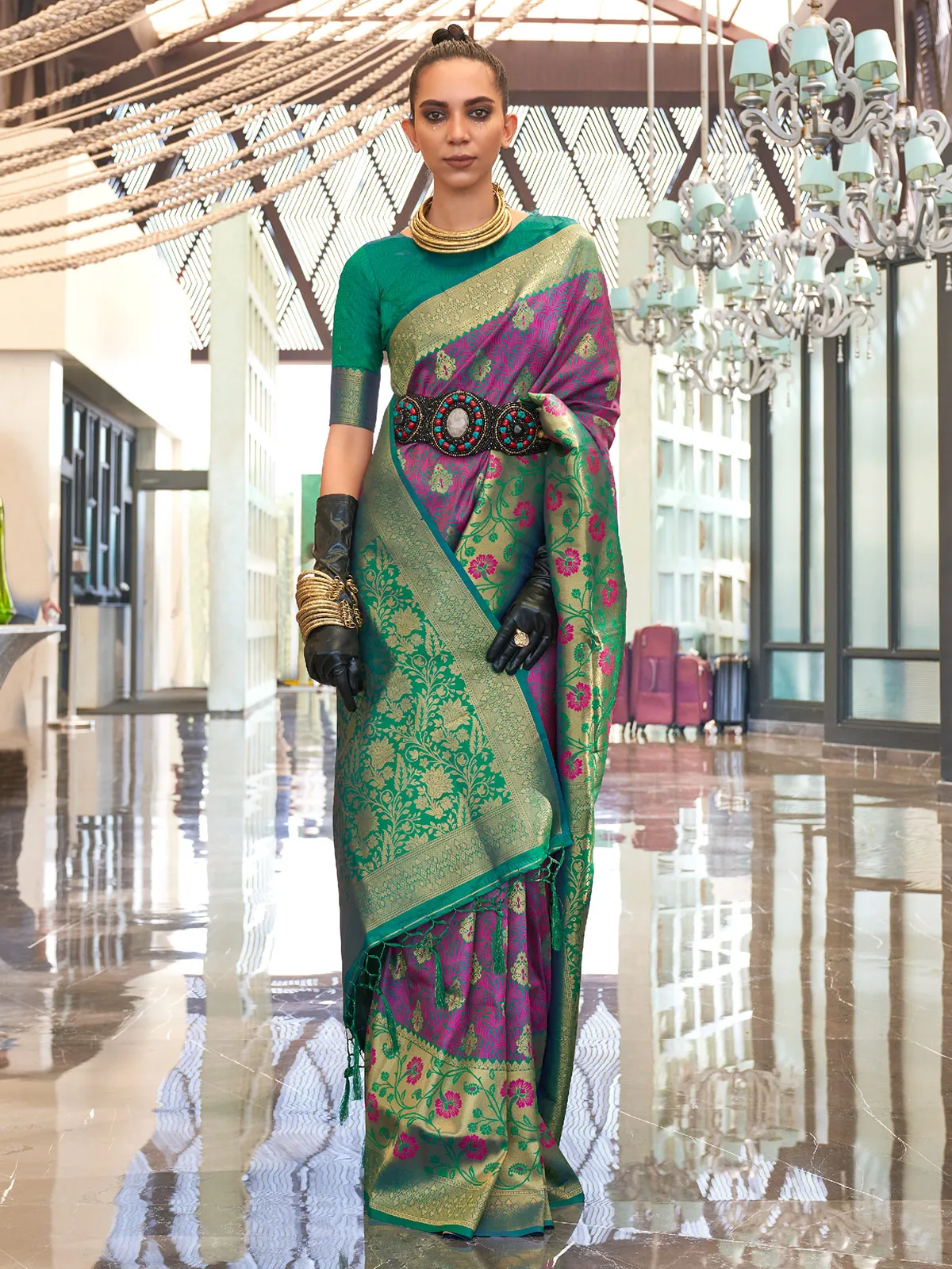 Purple and green zari woven silk saree