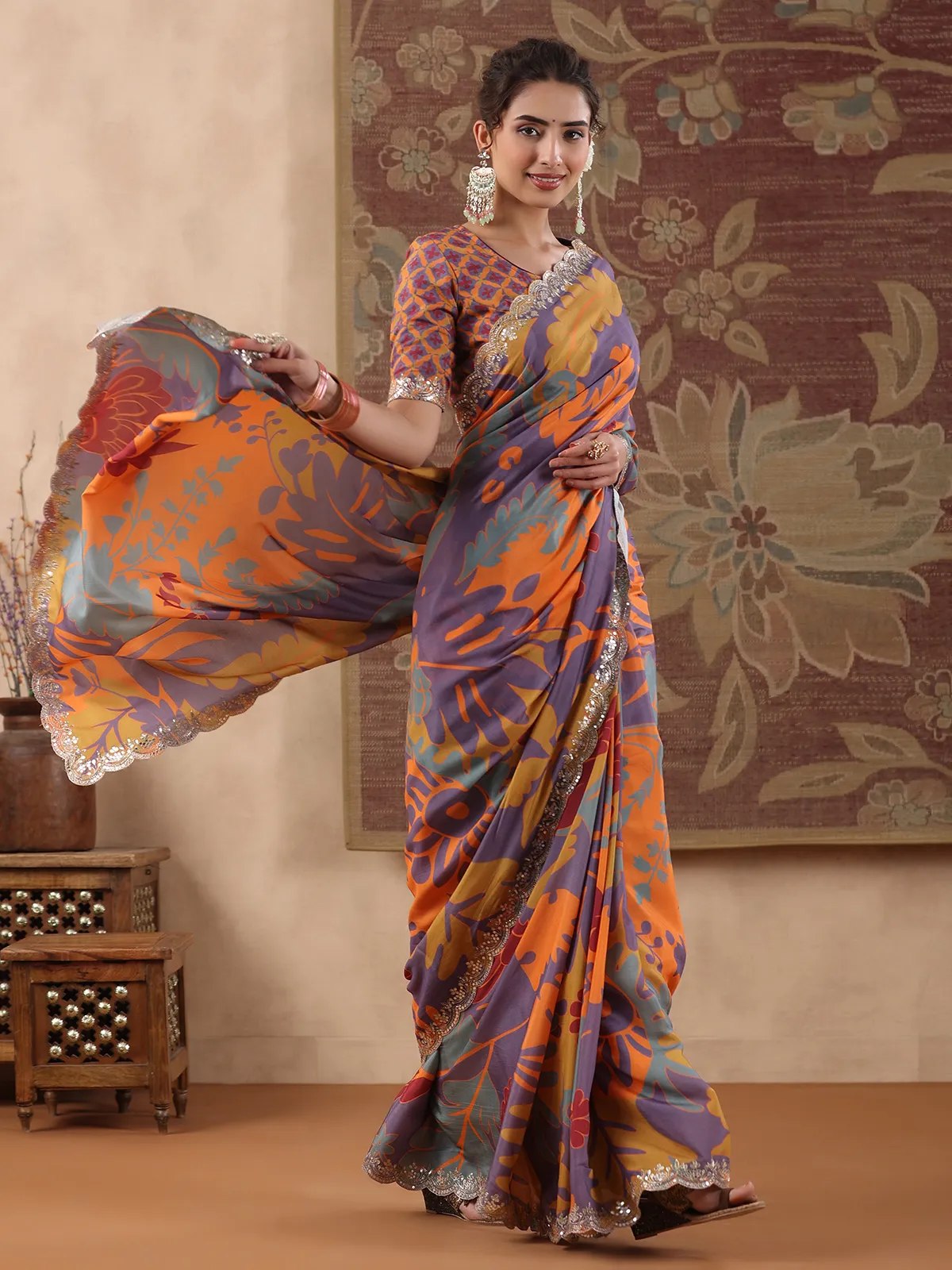 Purple and orange printed muslin silk saree