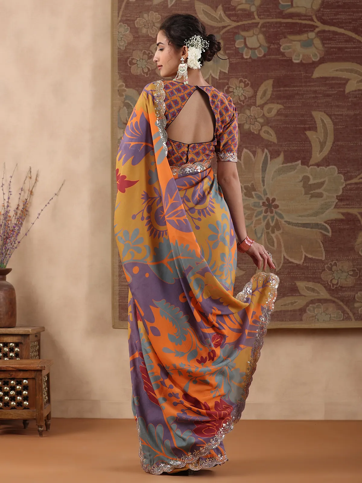 Purple and orange printed muslin silk saree