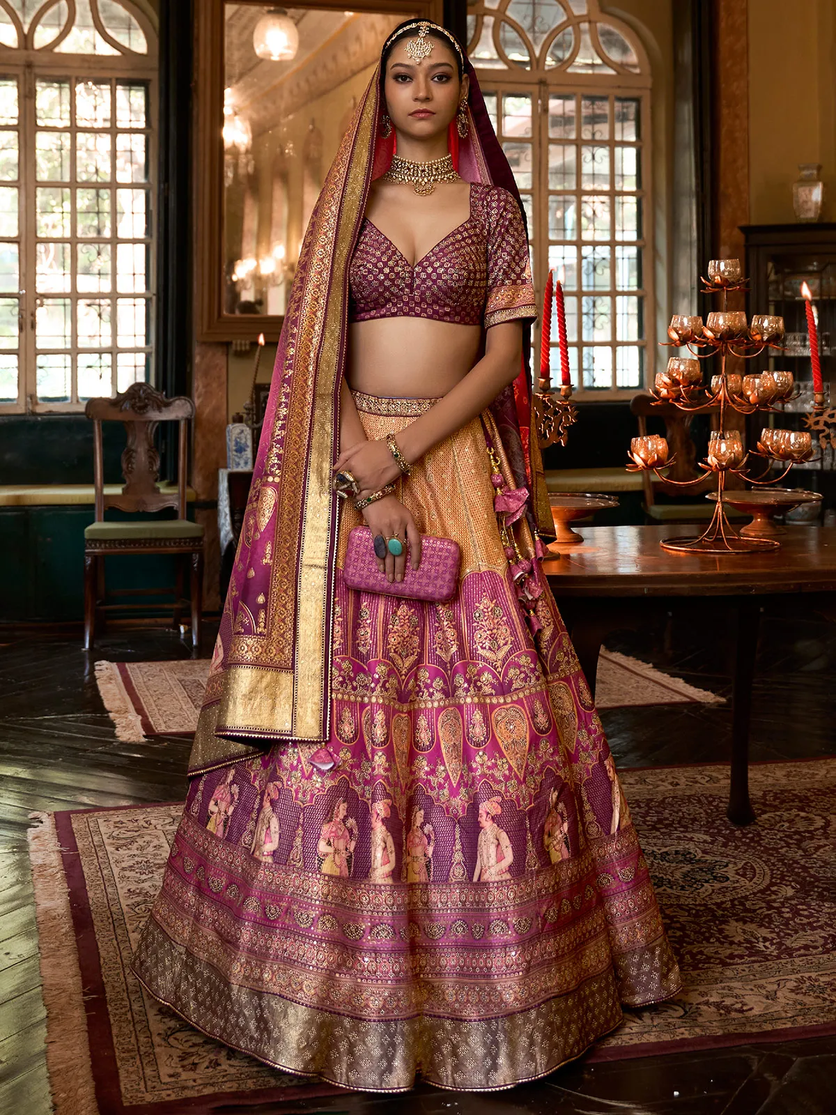 Purple and peach silk printed lehenga choli