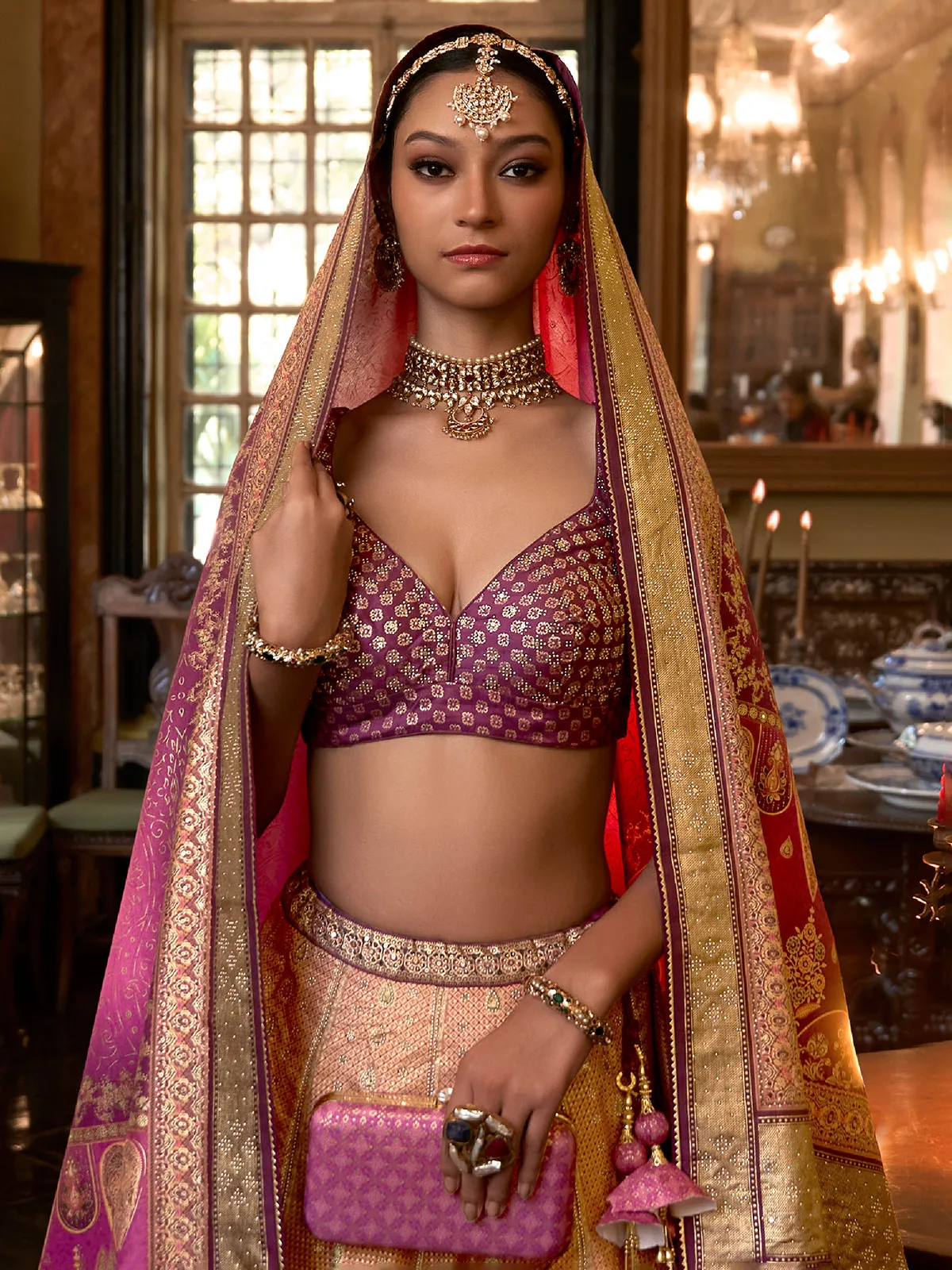 Purple and peach silk printed lehenga choli