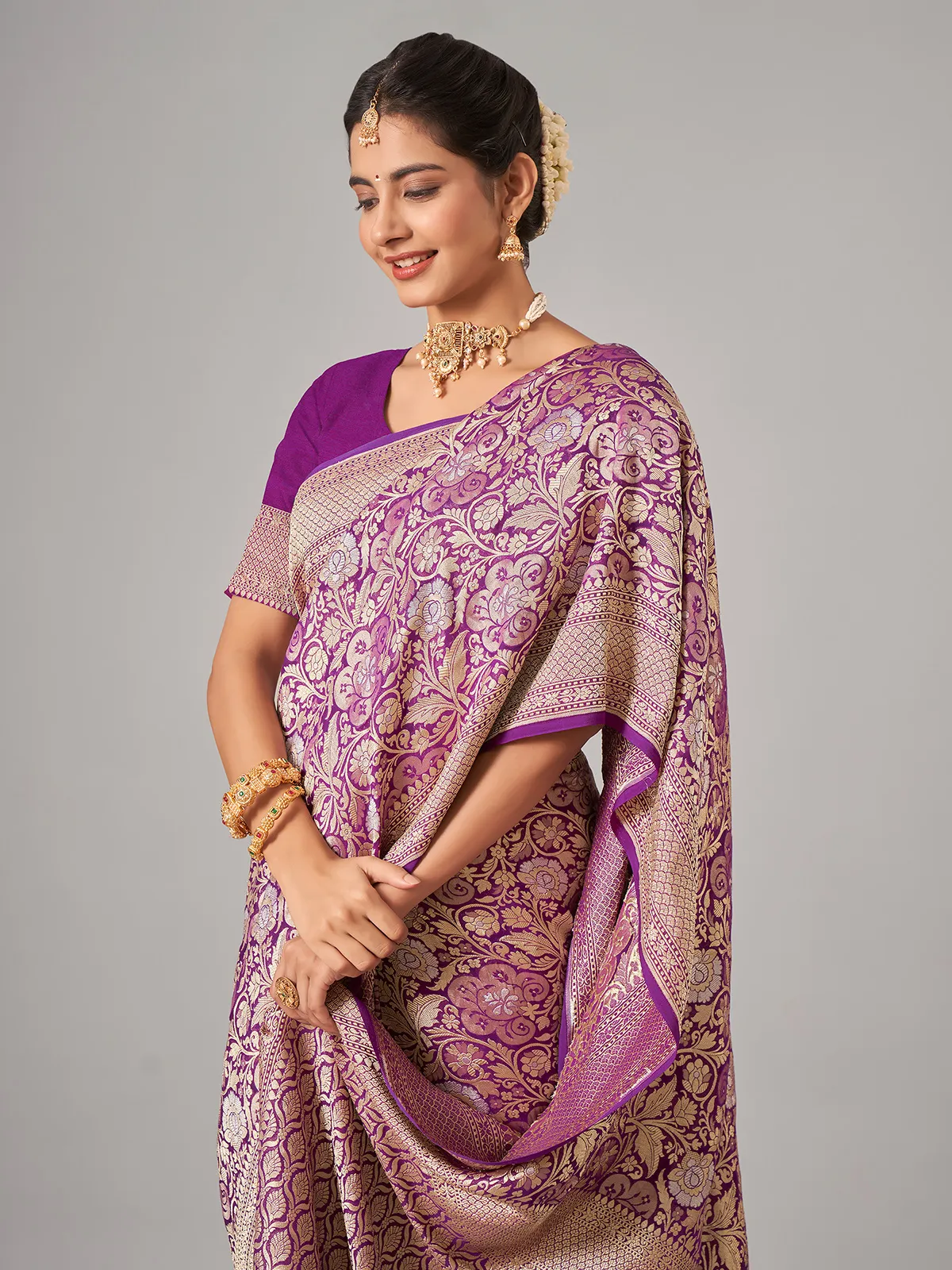 Purple banarsi silk zari weaving saree