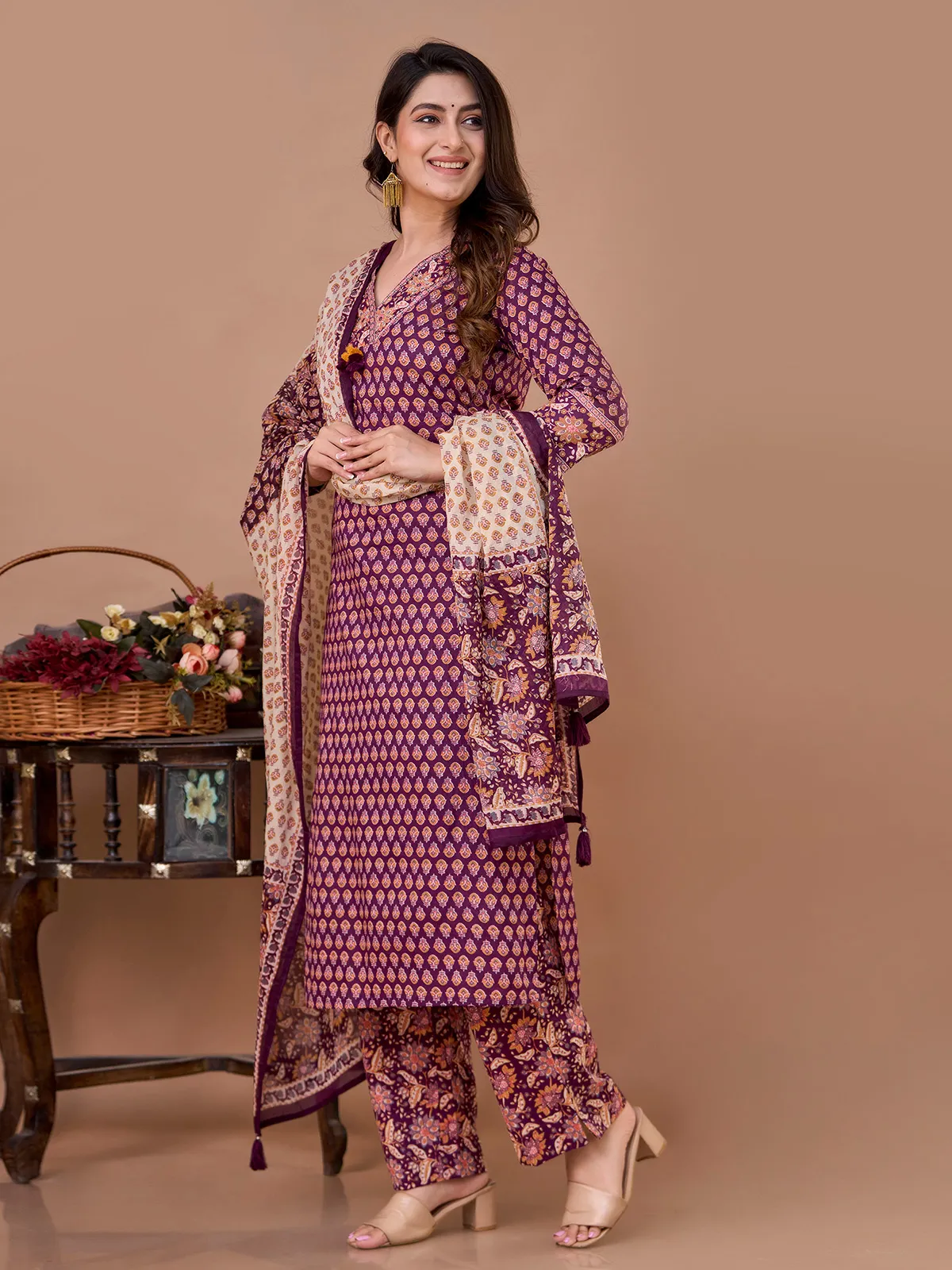 Purple casual printed cotton kurti set