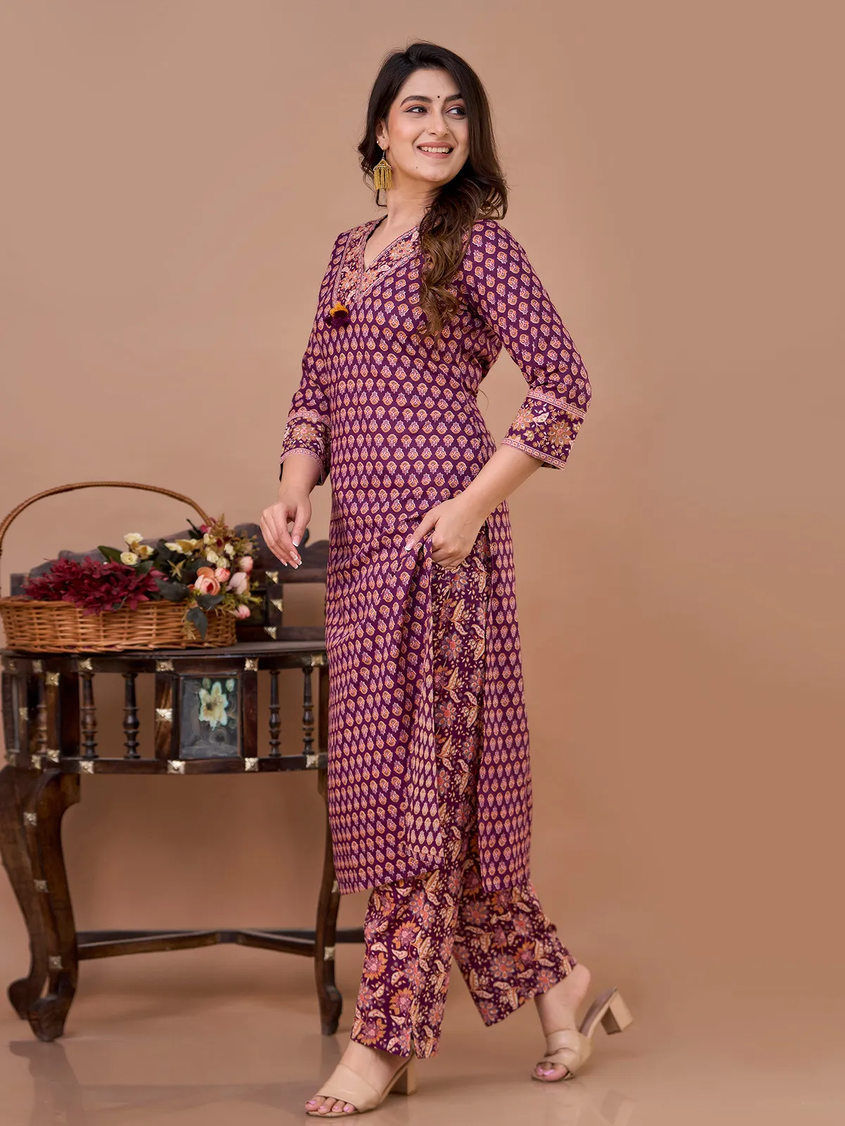 Purple casual printed cotton kurti set