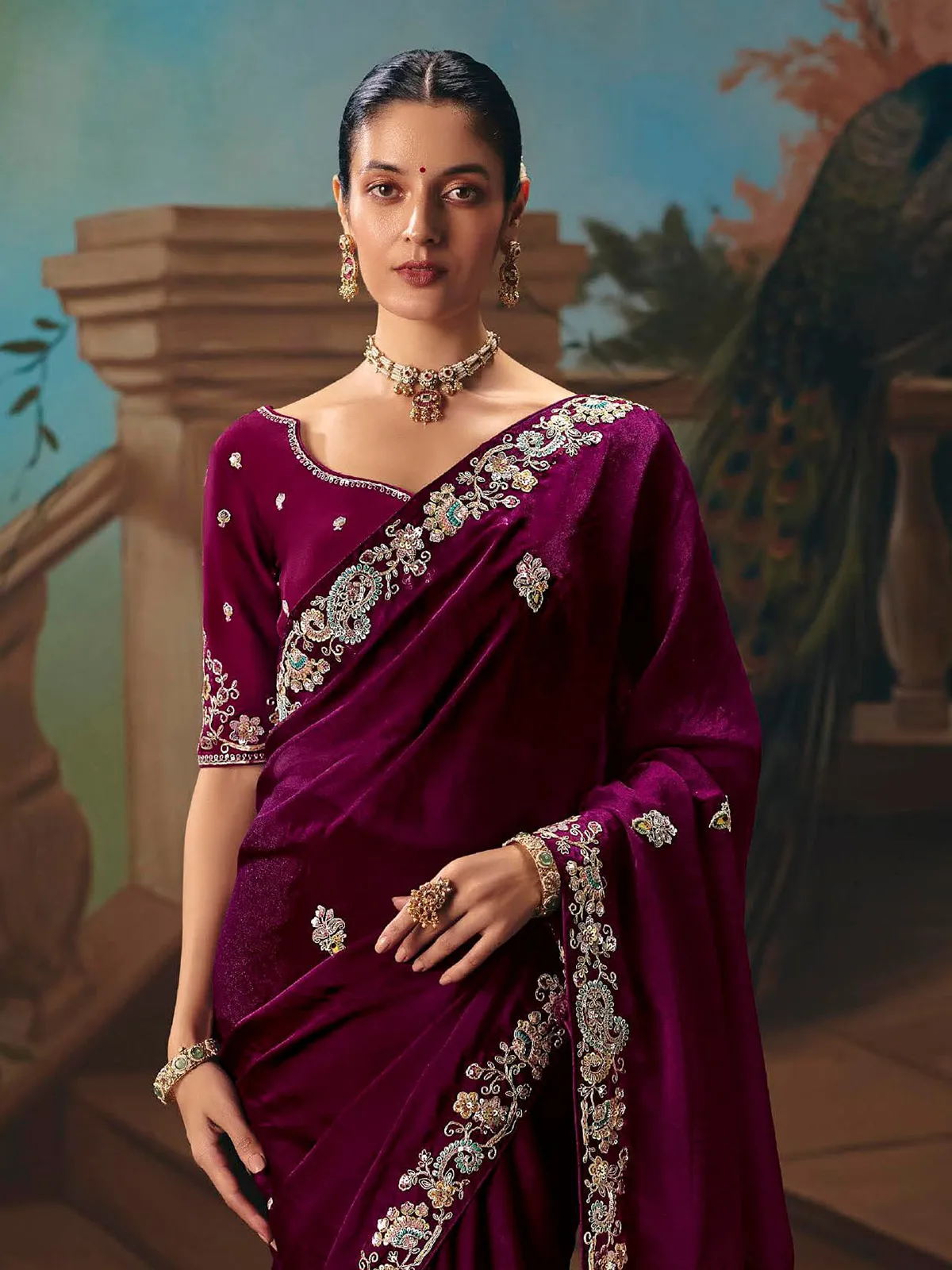 Purple chiffon silk butti work saree