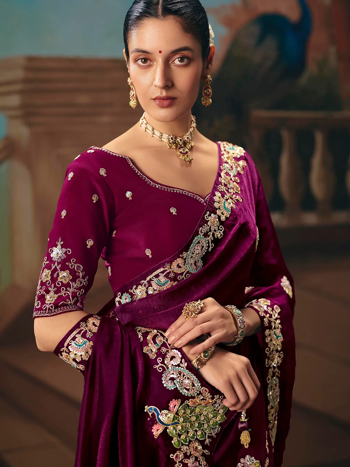 Purple chiffon silk butti work saree