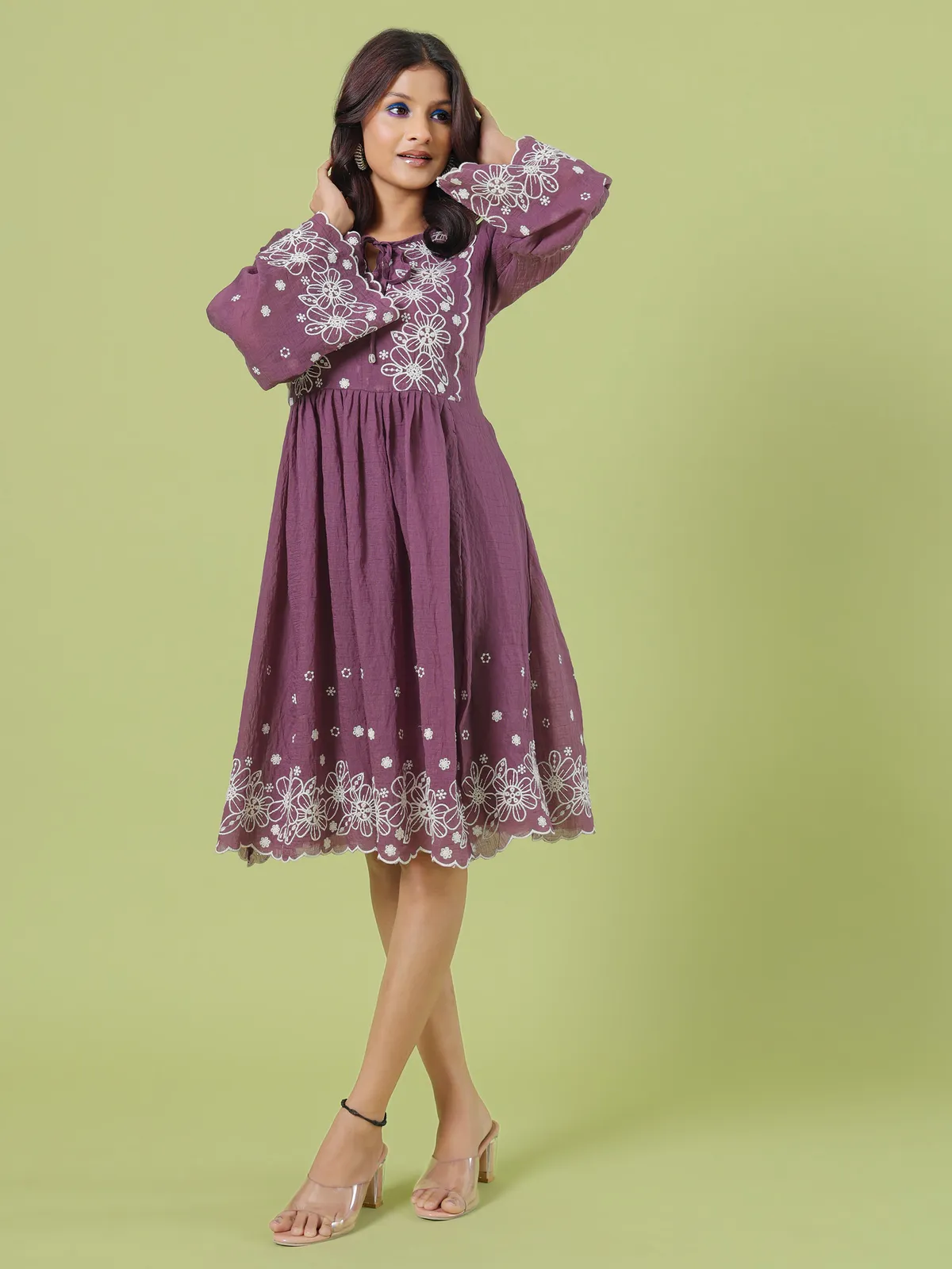 Purple cotton short embroidery kurti