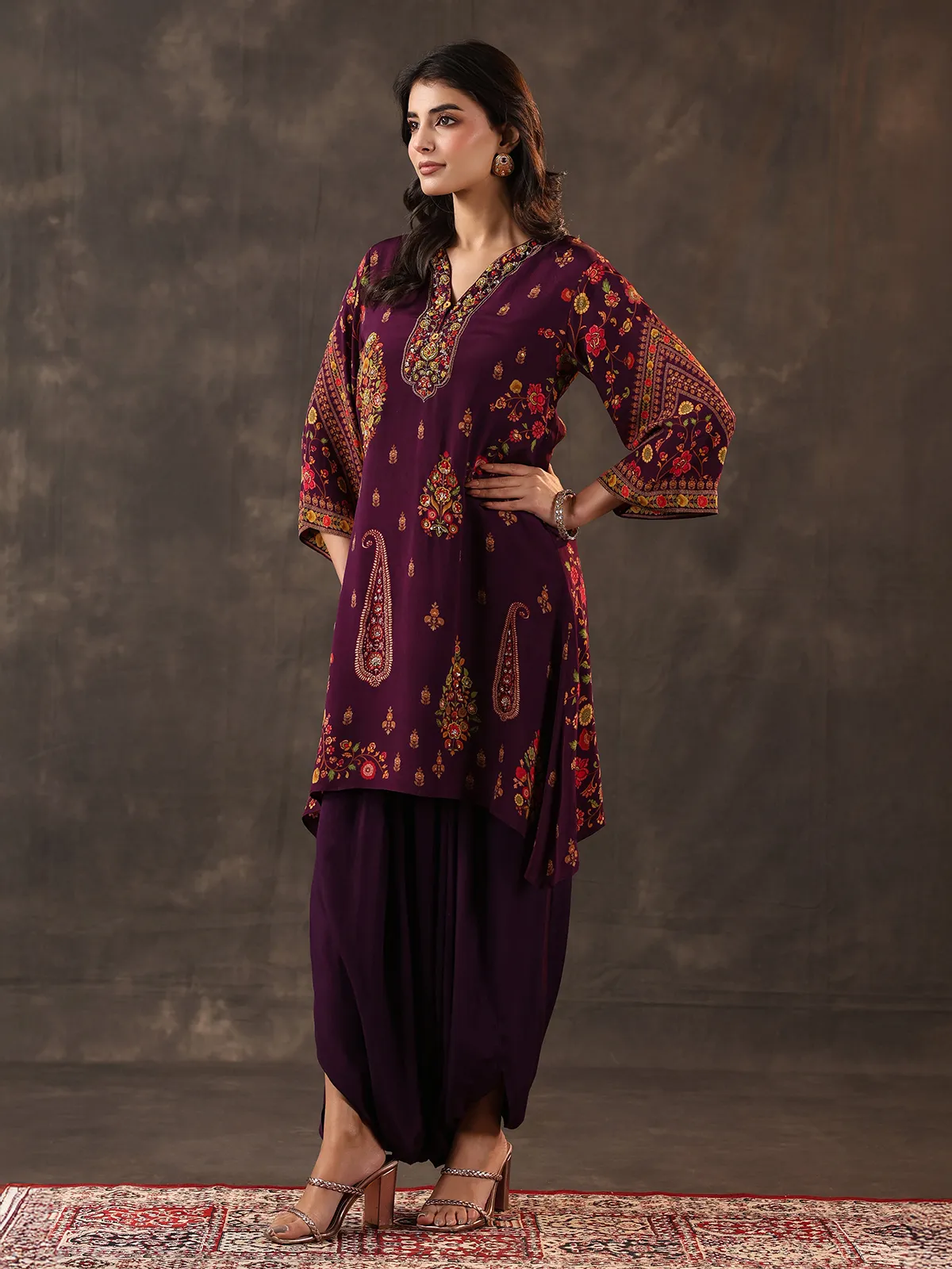 Purple crepe silk zardosi designer dhoti suit