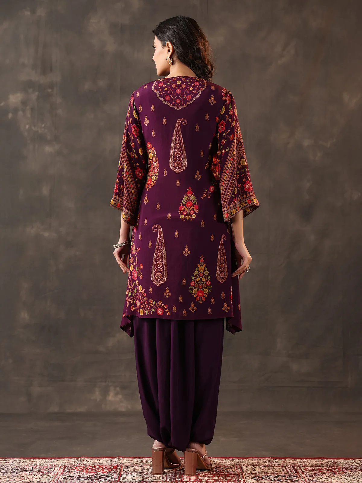 Purple crepe silk zardosi designer dhoti suit