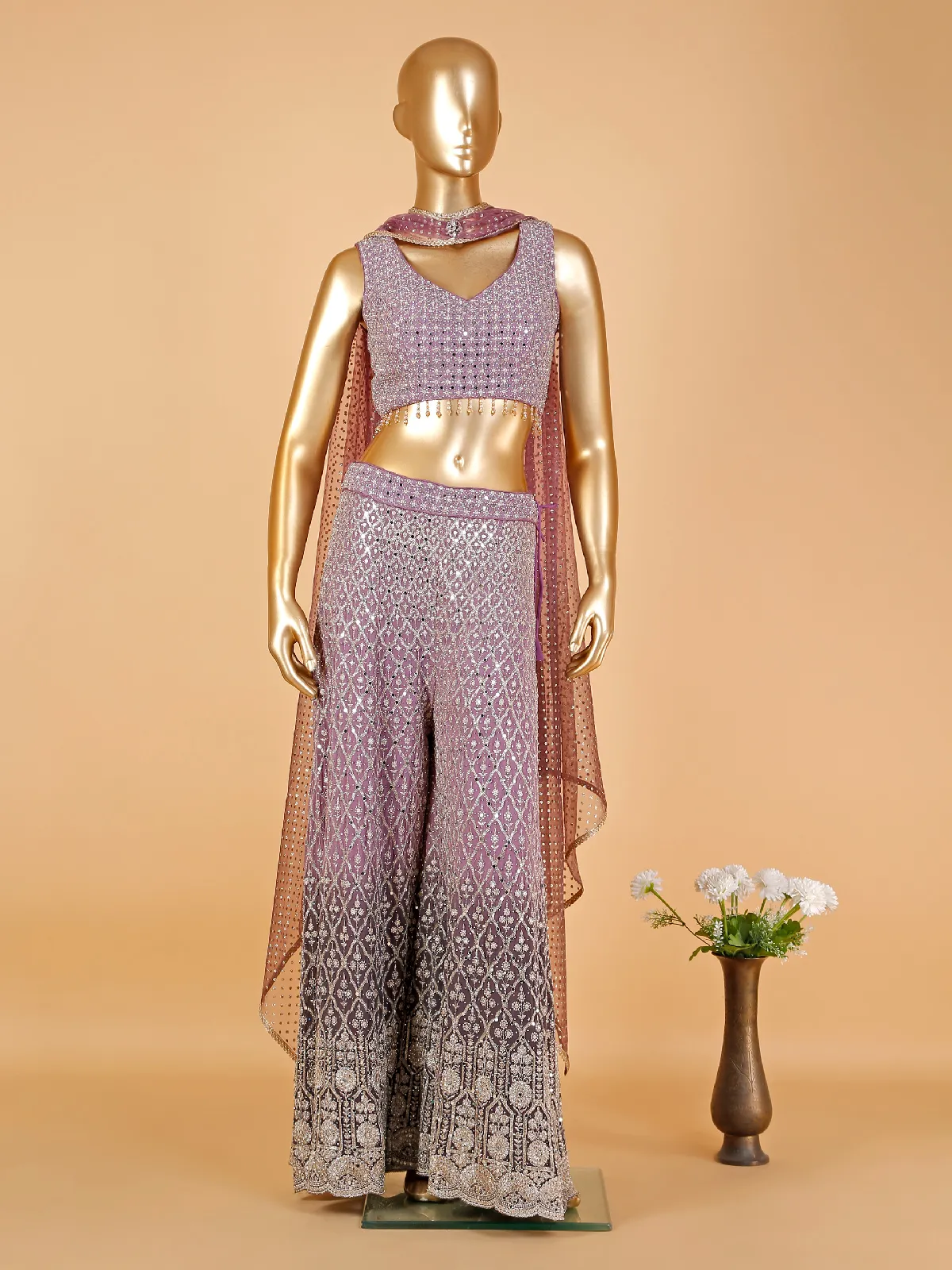 Purple crop top style georgette palazzo suit